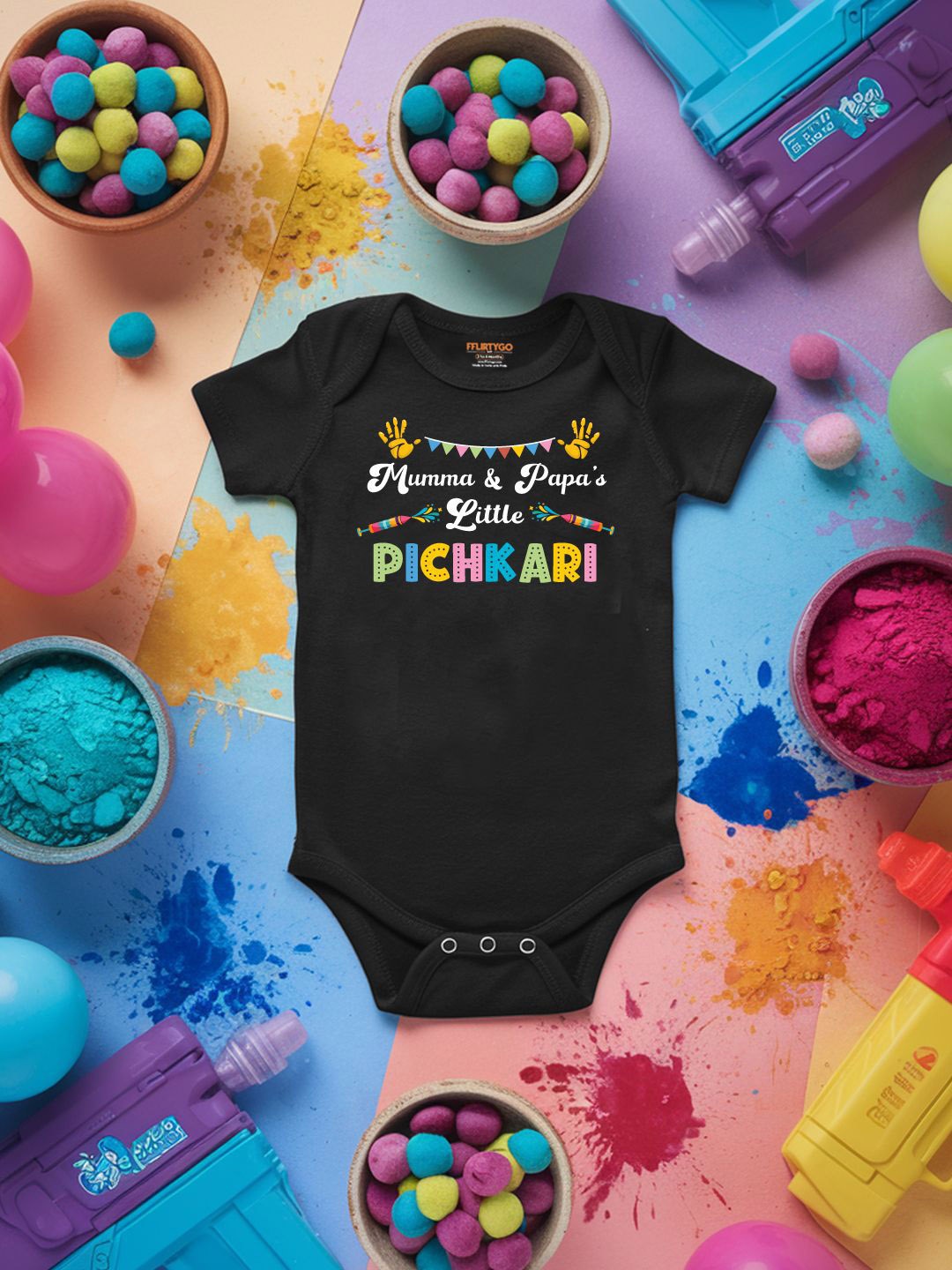 

FFLIRTYGO Infants Holi Printed Cotton Bodysuit, Black