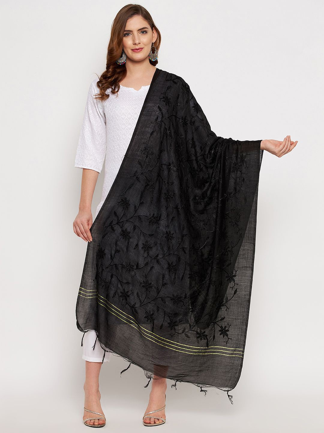 

Clora Creation Floral Embroidered Dupatta With Thread Work, Black