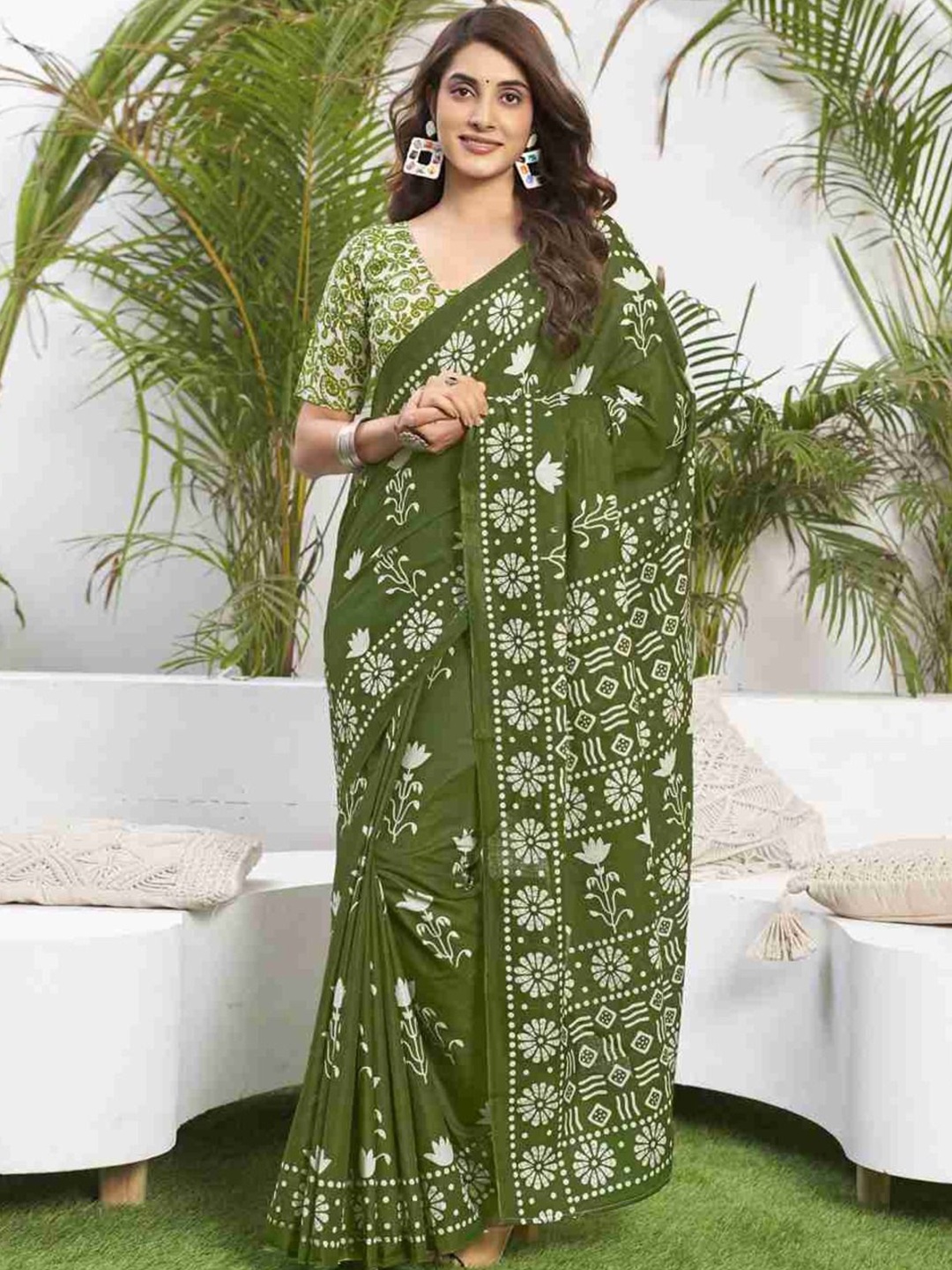 

Anouk Floral Printed Zari Pure Cotton Saree, Sea green