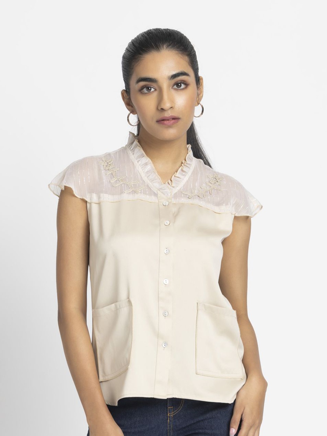 

SHAYE Embroidered Extended Sleeves Satin Shirt Style Top, Beige