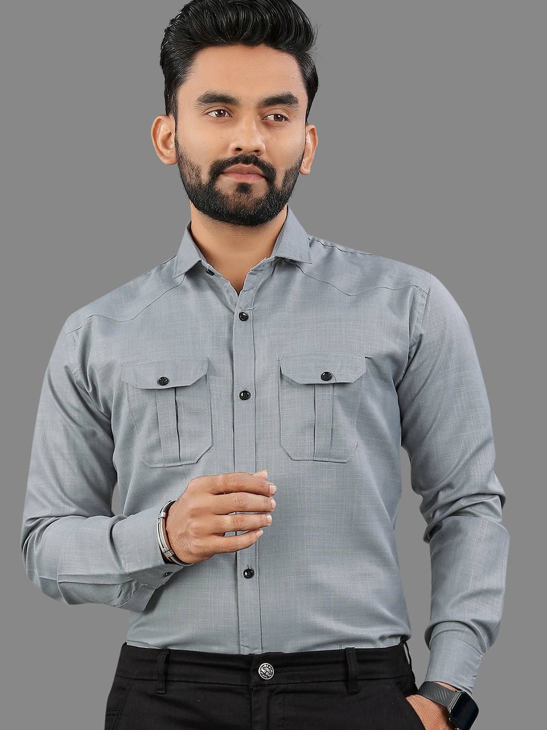 

IKON FASHION Men Original Fit Spread Collar Solid Cotton Casual Shirt, Grey