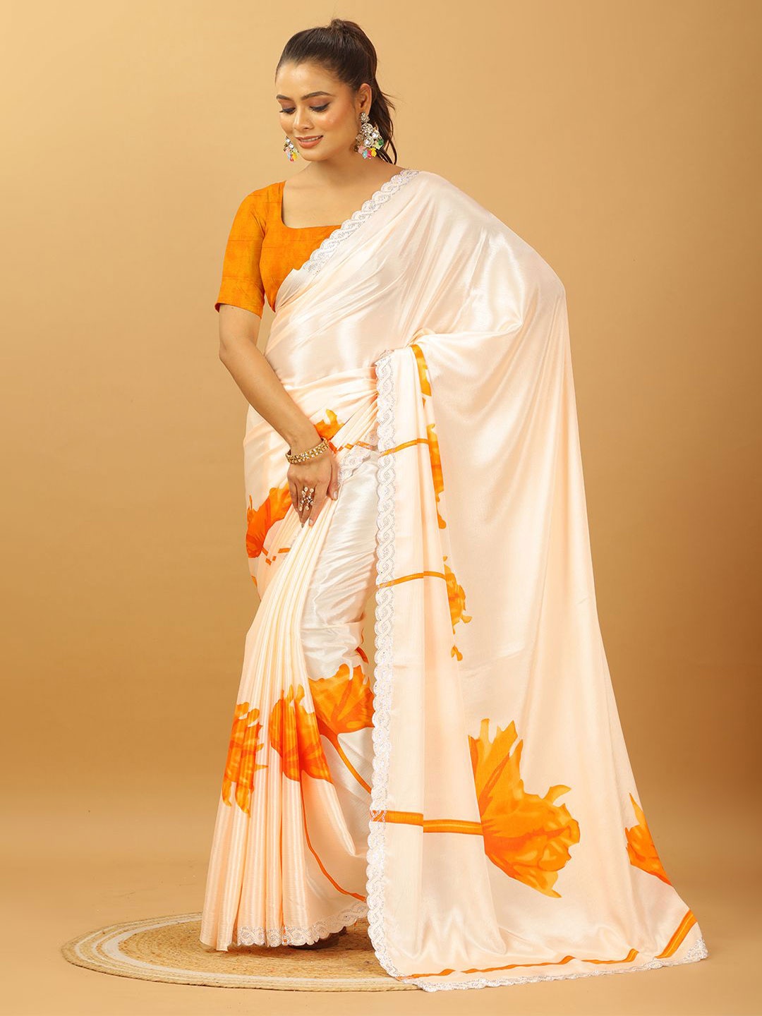 

NIRMAL CREATION Floral Beads and Stones Pure Georgette Saree, Orange