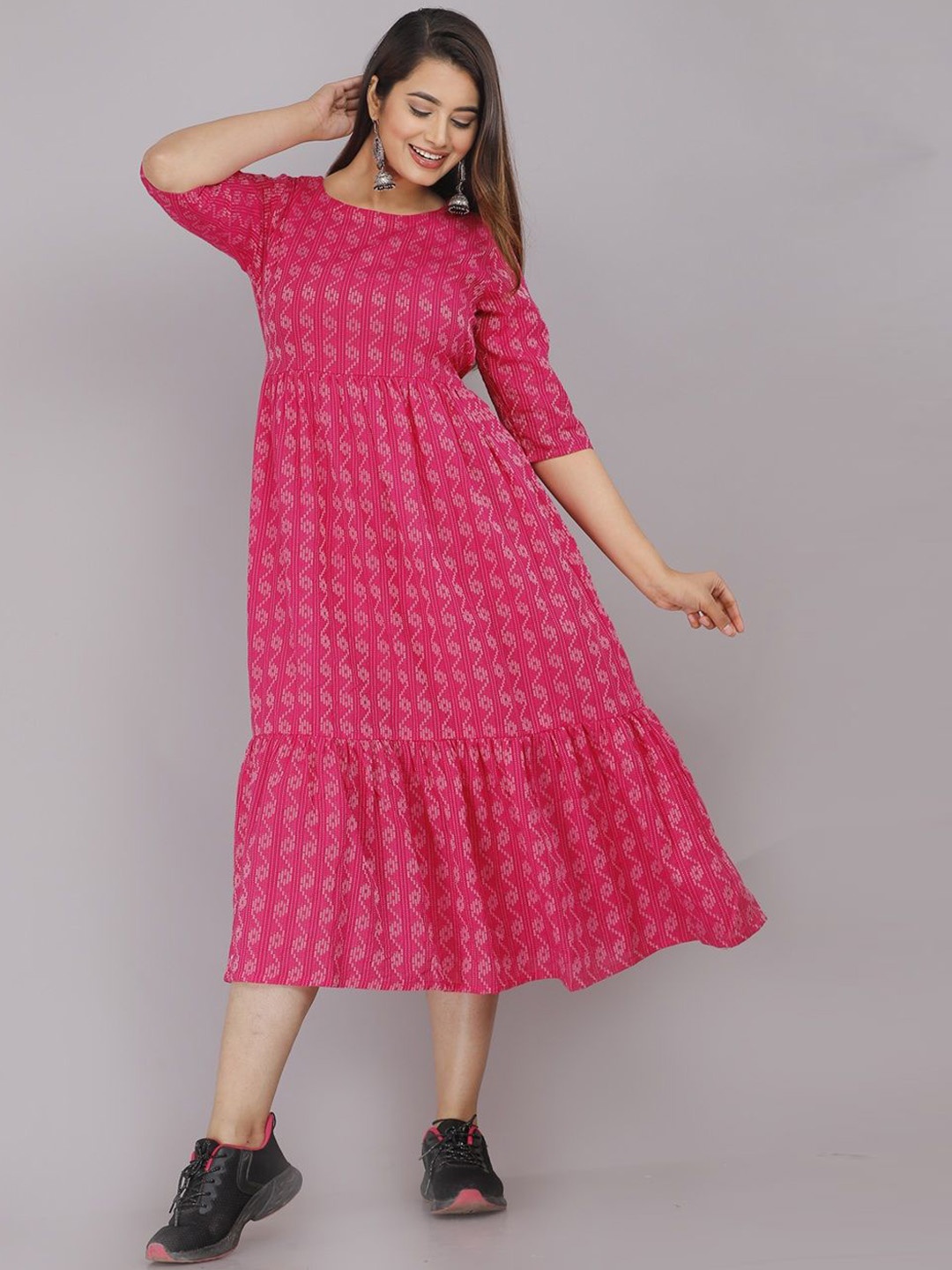 

Jollity Geometric Printed Gathered or Pleated Cotton Fit & Flare Midi Dress, Pink