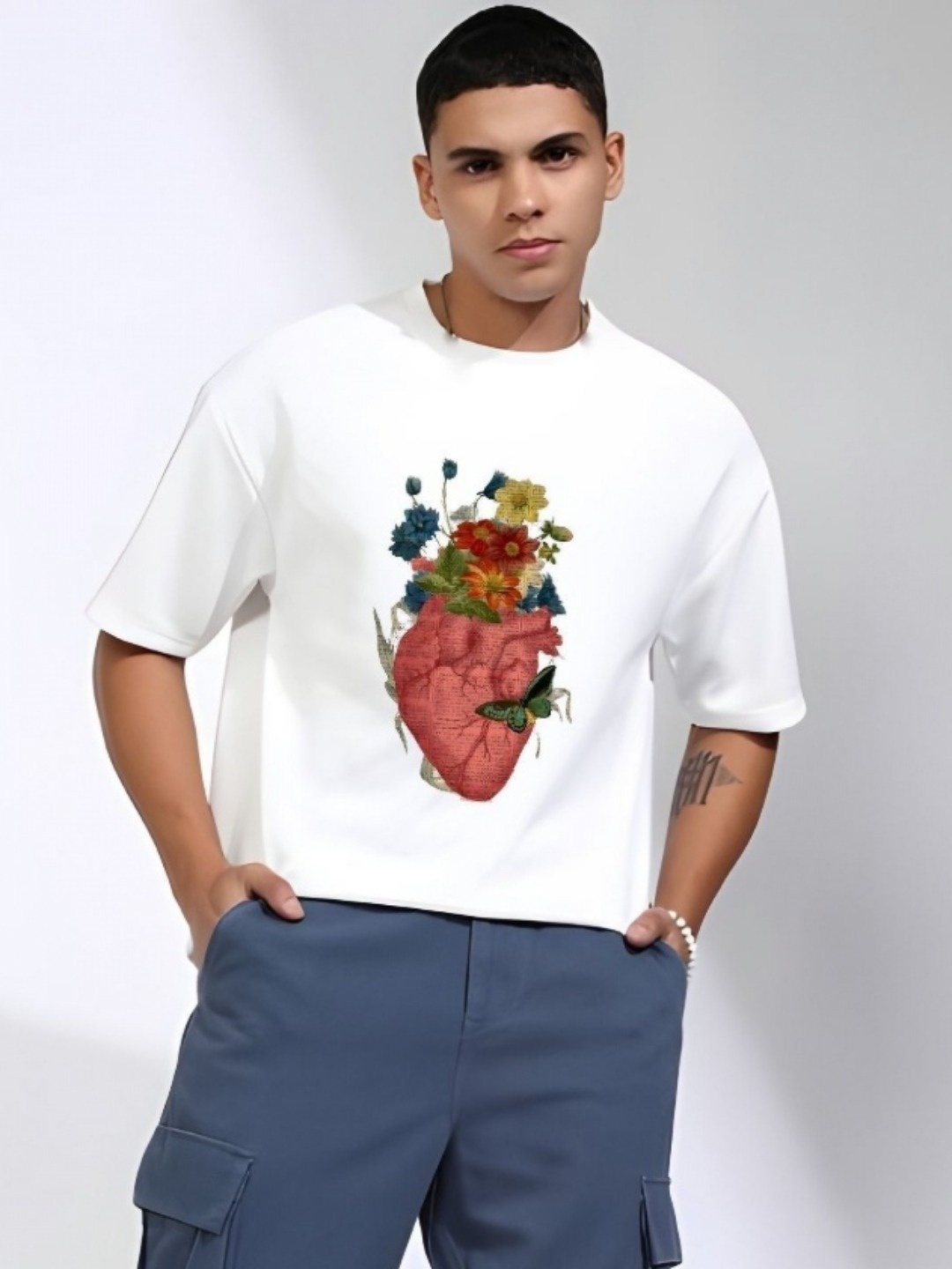 

Krimmple Men Floral Printed Round Neck Cotton Oversized T-shirt, White