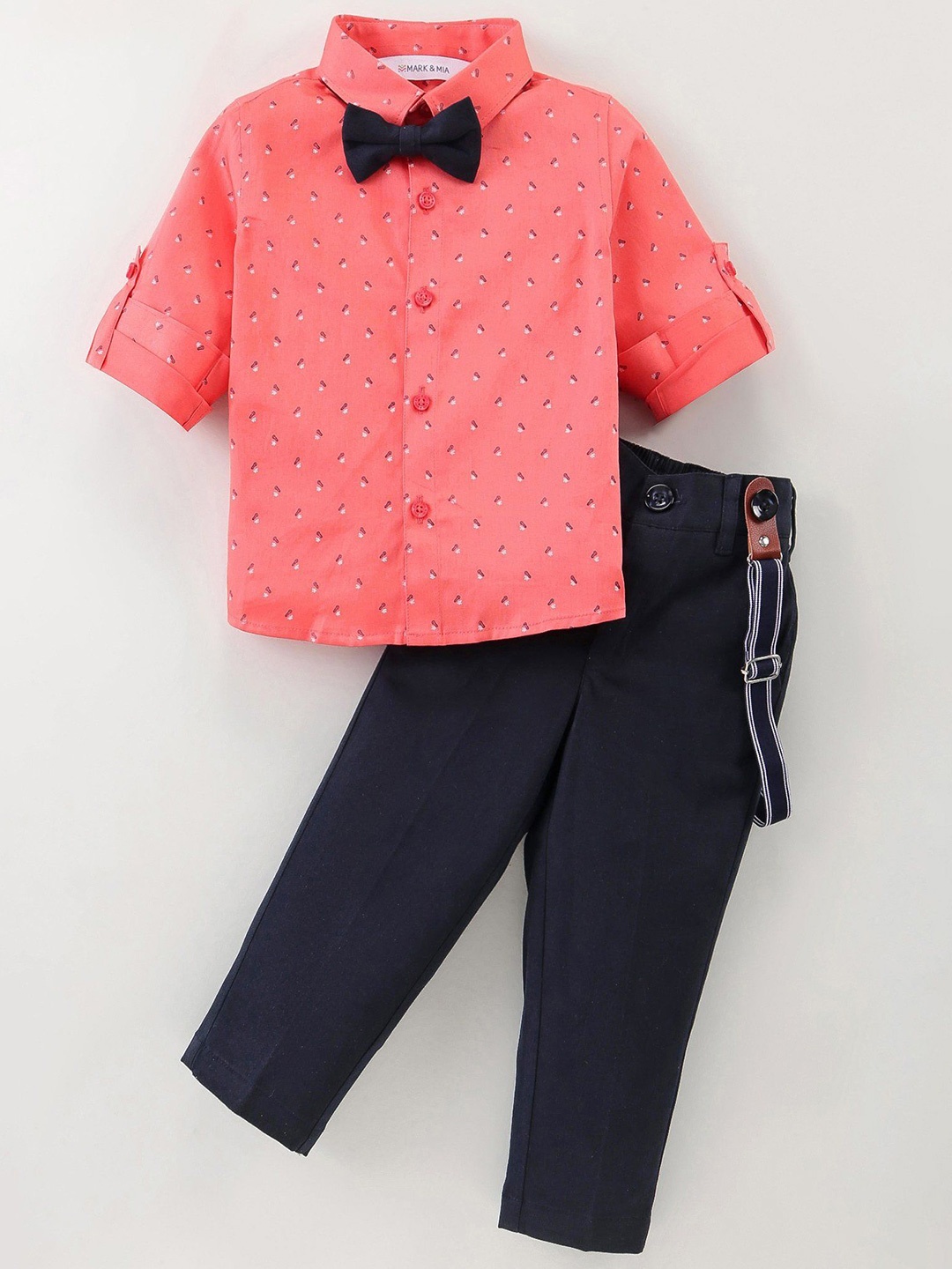 

Mark & Mia Boys Printed Long Sleeves Shirt With Trousers And Suspender, Peach