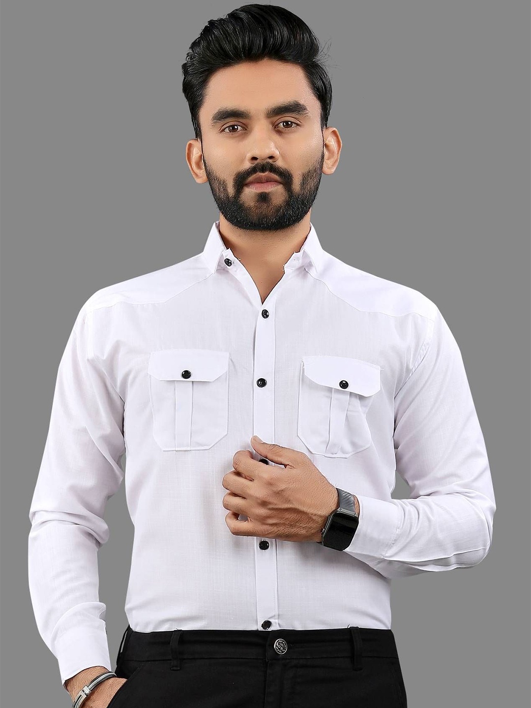 

IKON FASHION Men Original Fit Spread Collar Solid Cotton Casual Shirt, White