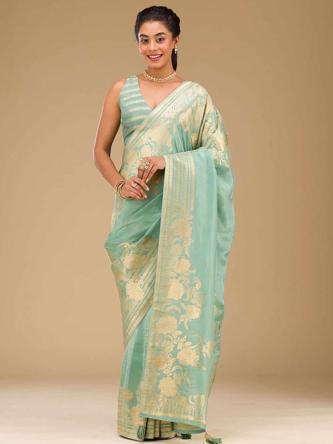 

Koskii Sea Green Zariwork Raw Silk Saree