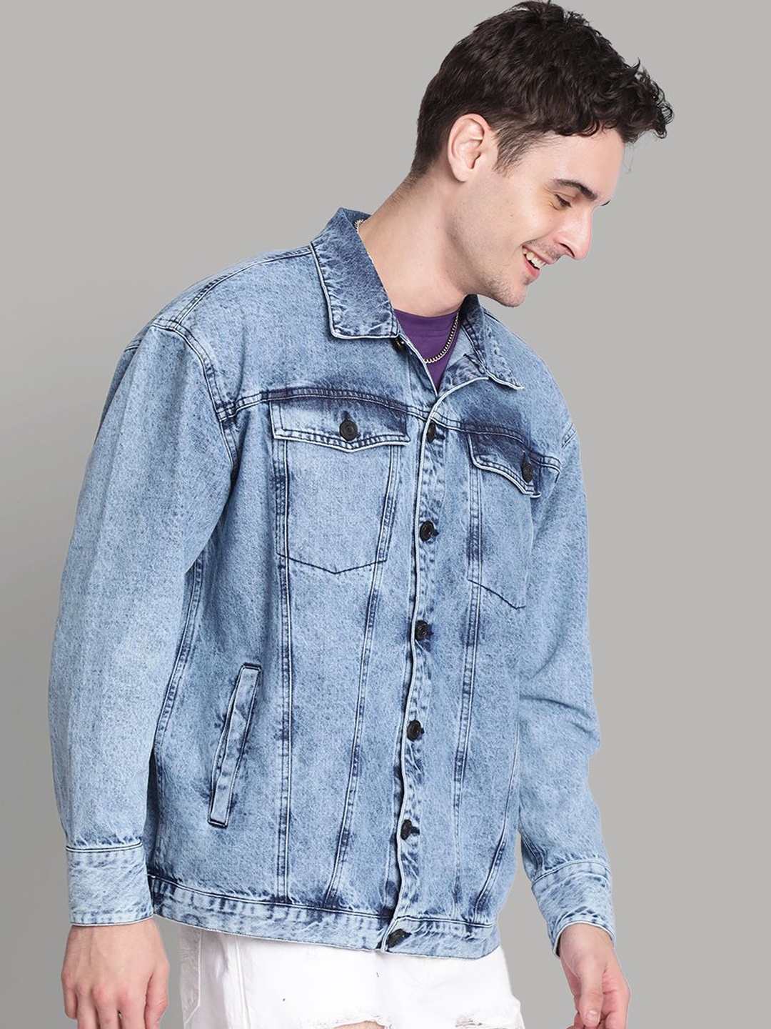 

Bene Kleed Men Spread Collar Graphic Printed Casual Denim Jacket, Blue