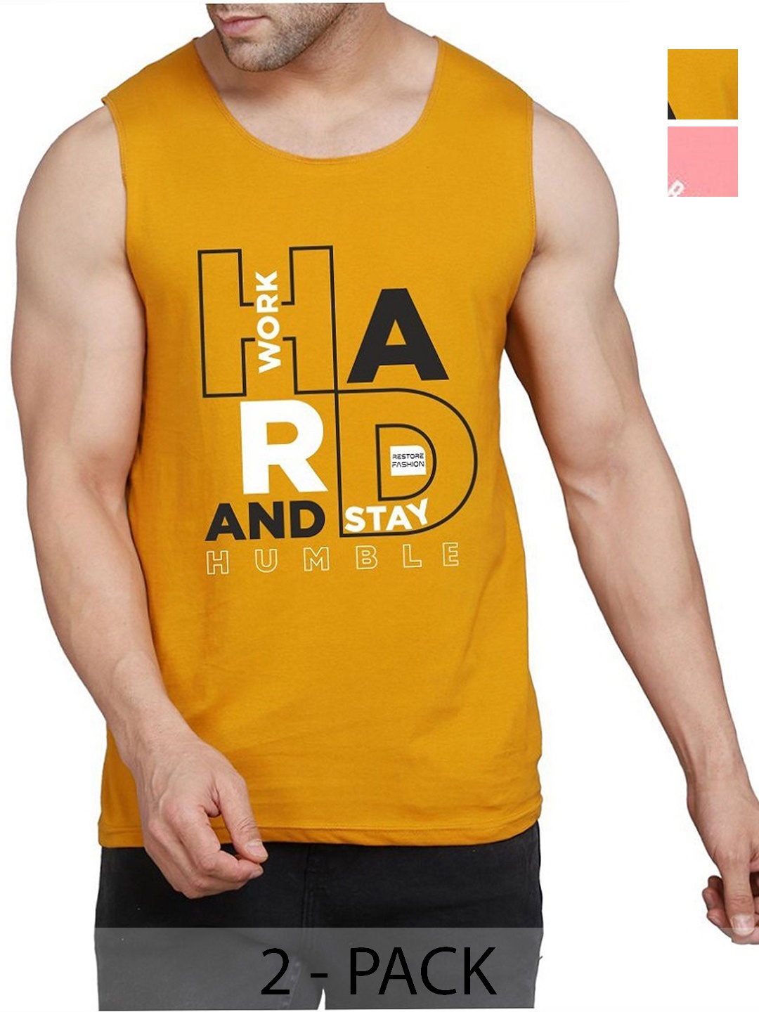 

WOOSTRO Men Pack Of 2 Typography Printed Round Neck Cotton Slim Fit T-shirts, Mustard