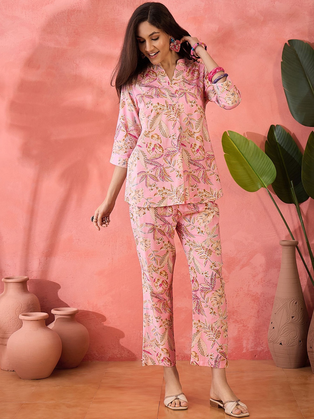 

Sangria Printed Pure Cotton Tunic With Trouser Co-Ord Set, Pink