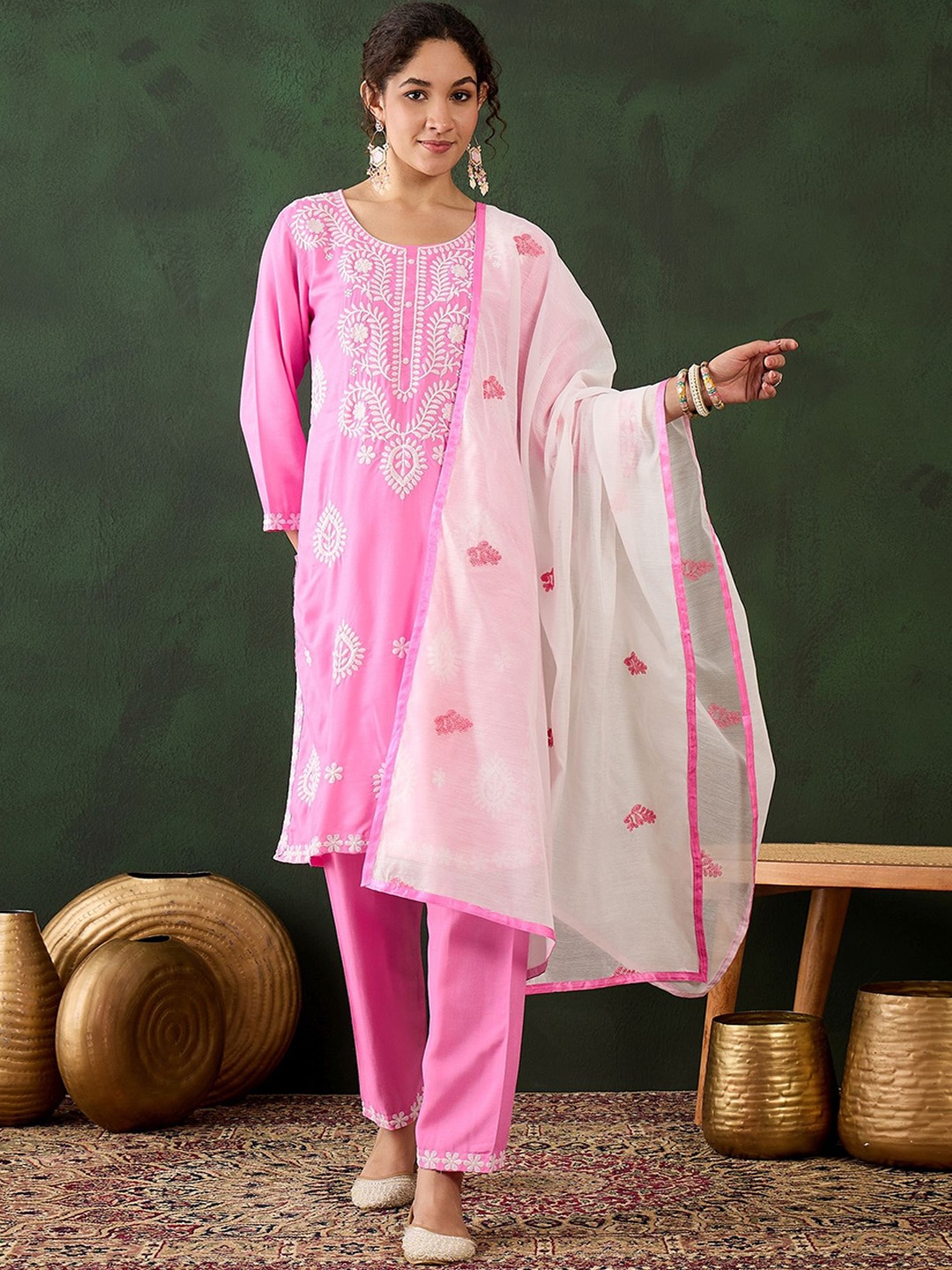 

KIMISHA Floral Embroidered Chikankari Straight Kurta with Trousers & Dupatta, Pink