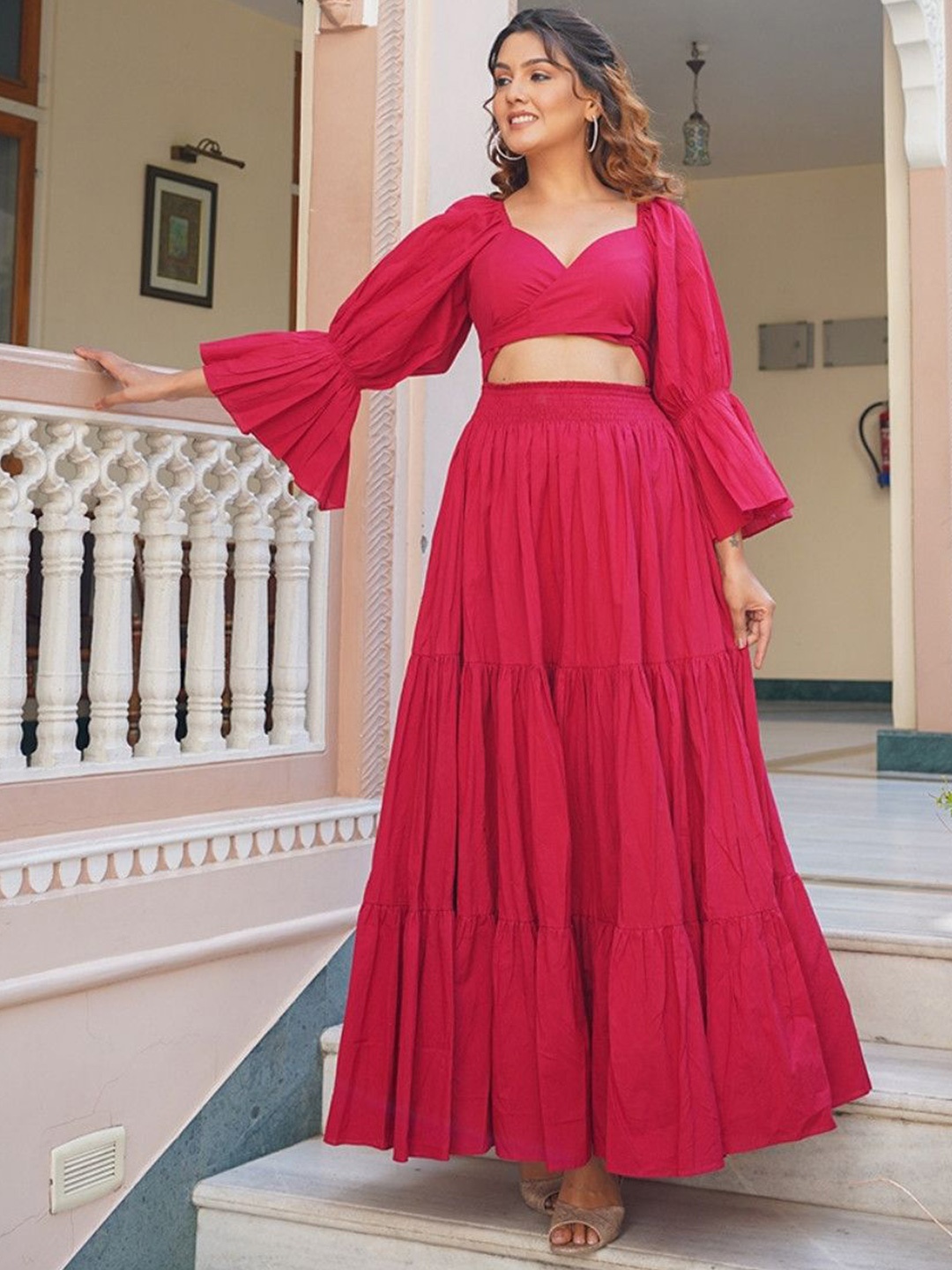 

KAJODI Women Square Neck Bell Sleeve Cotton Maxi Dress, Red