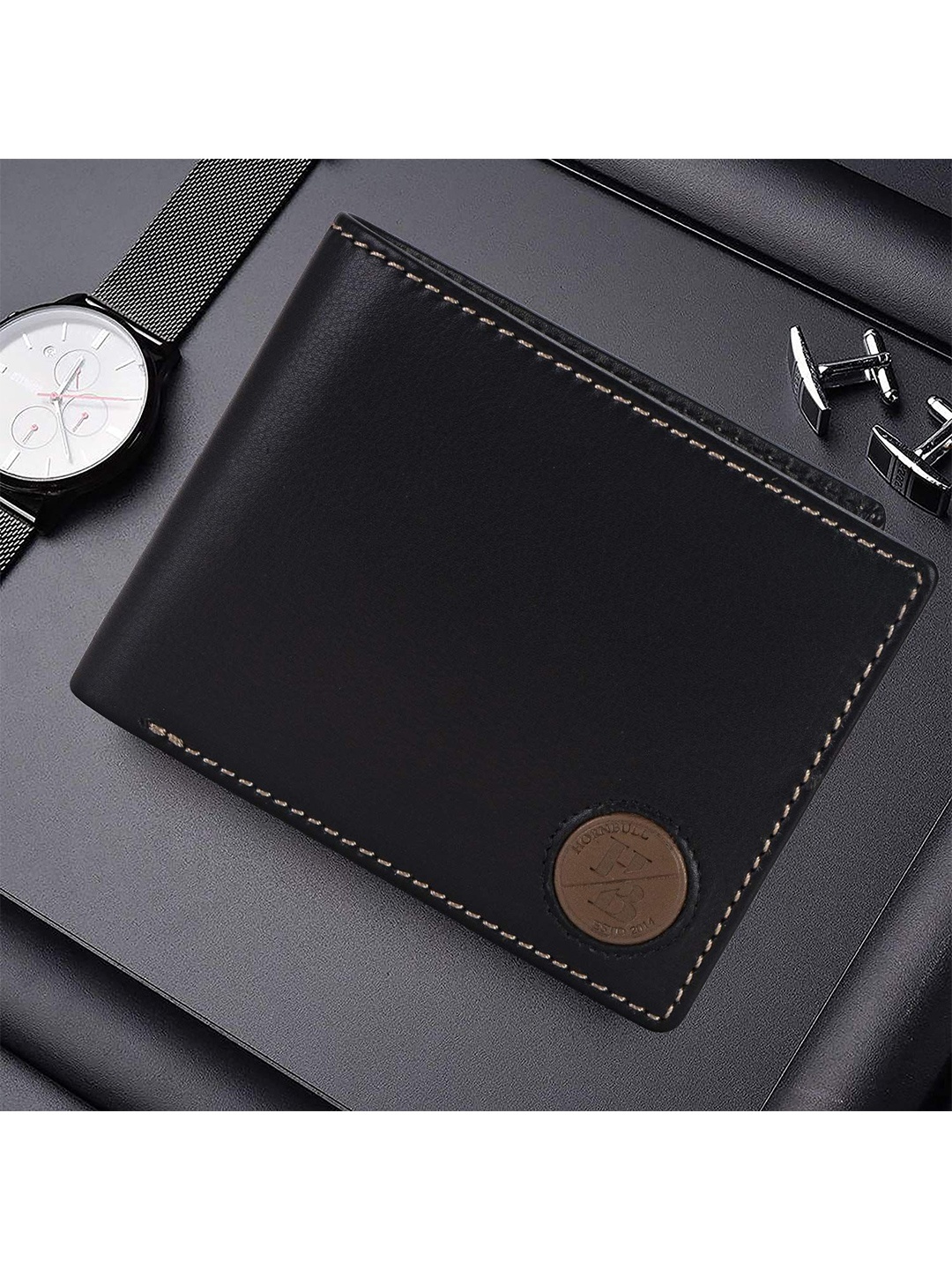 

Hornbull Men Leather Two Fold Wallet, Black