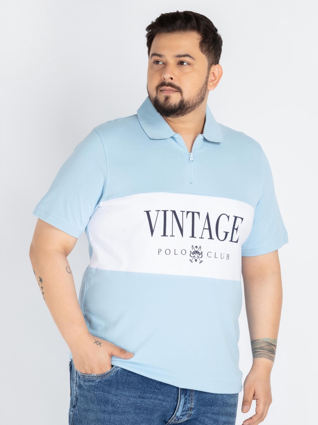 

UNSIZED Men Plus Size Typography Printed Polo Collar Cotton T-shirt, Blue