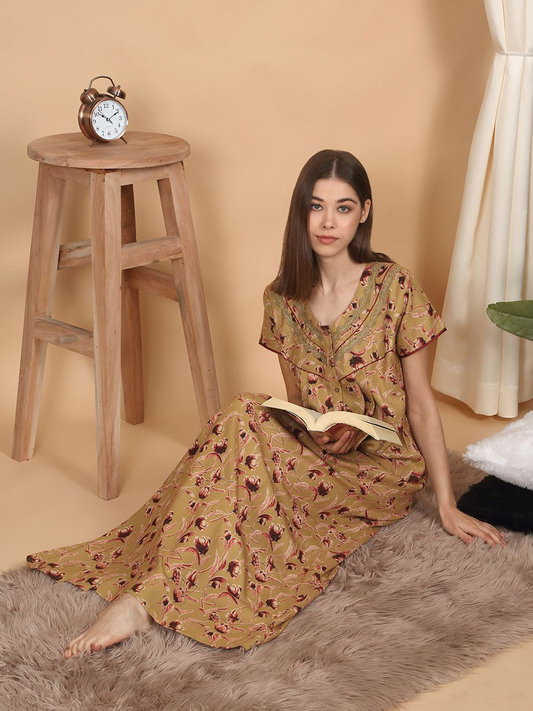 

SAANJ Women Floral Printed Pure Cotton Maxi Nightdress, Olive