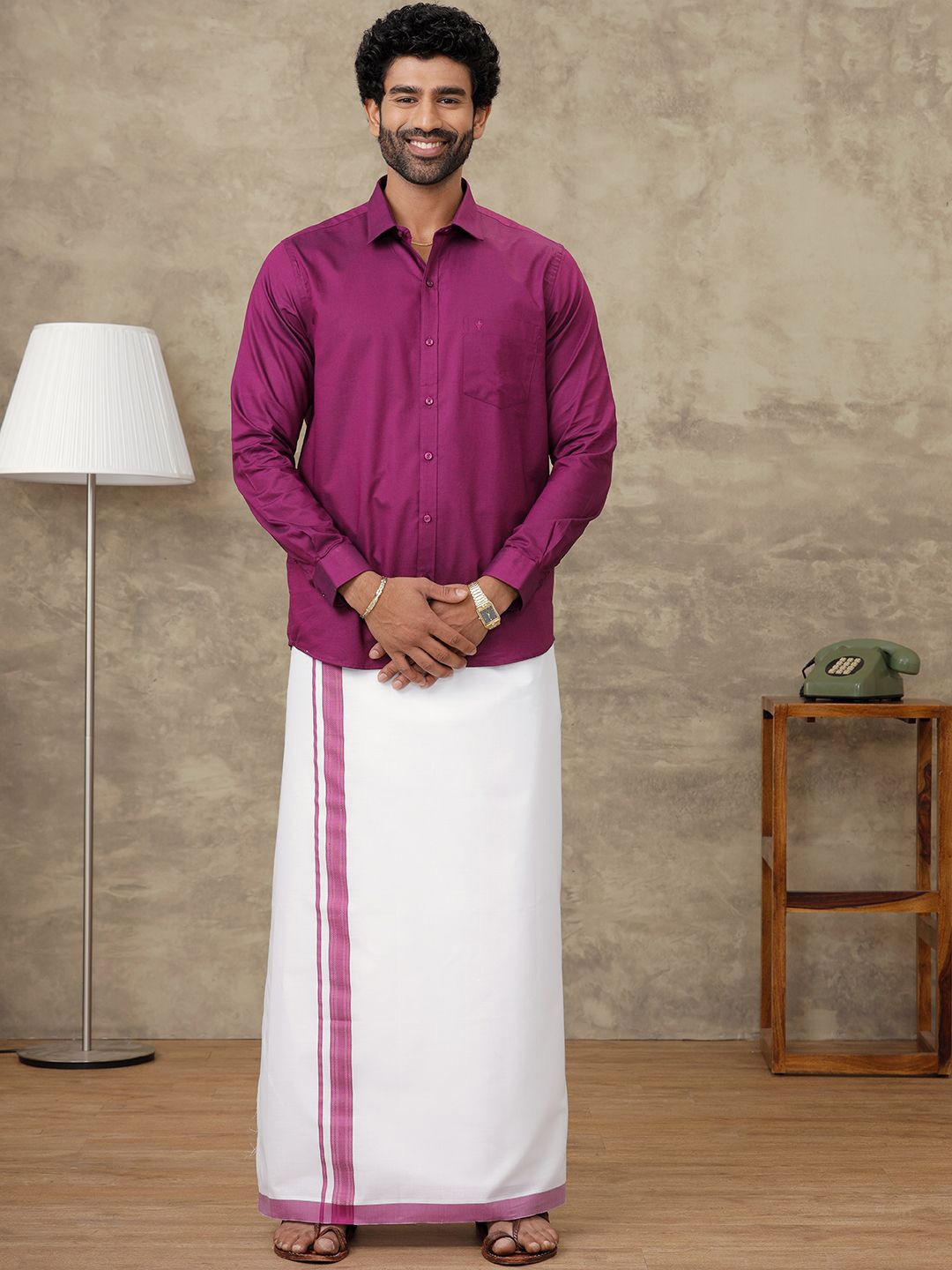 

Ramraj Men Full Sleeve Solid Shirt With Matching Border Dhoti, Violet