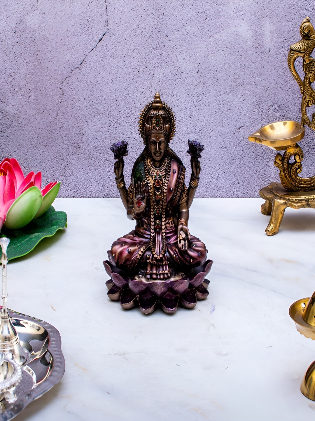 

Craftlayout Metallic-Toned & Pink Laxmi Statue Sitting On Lotus Religious Idol Showpiece