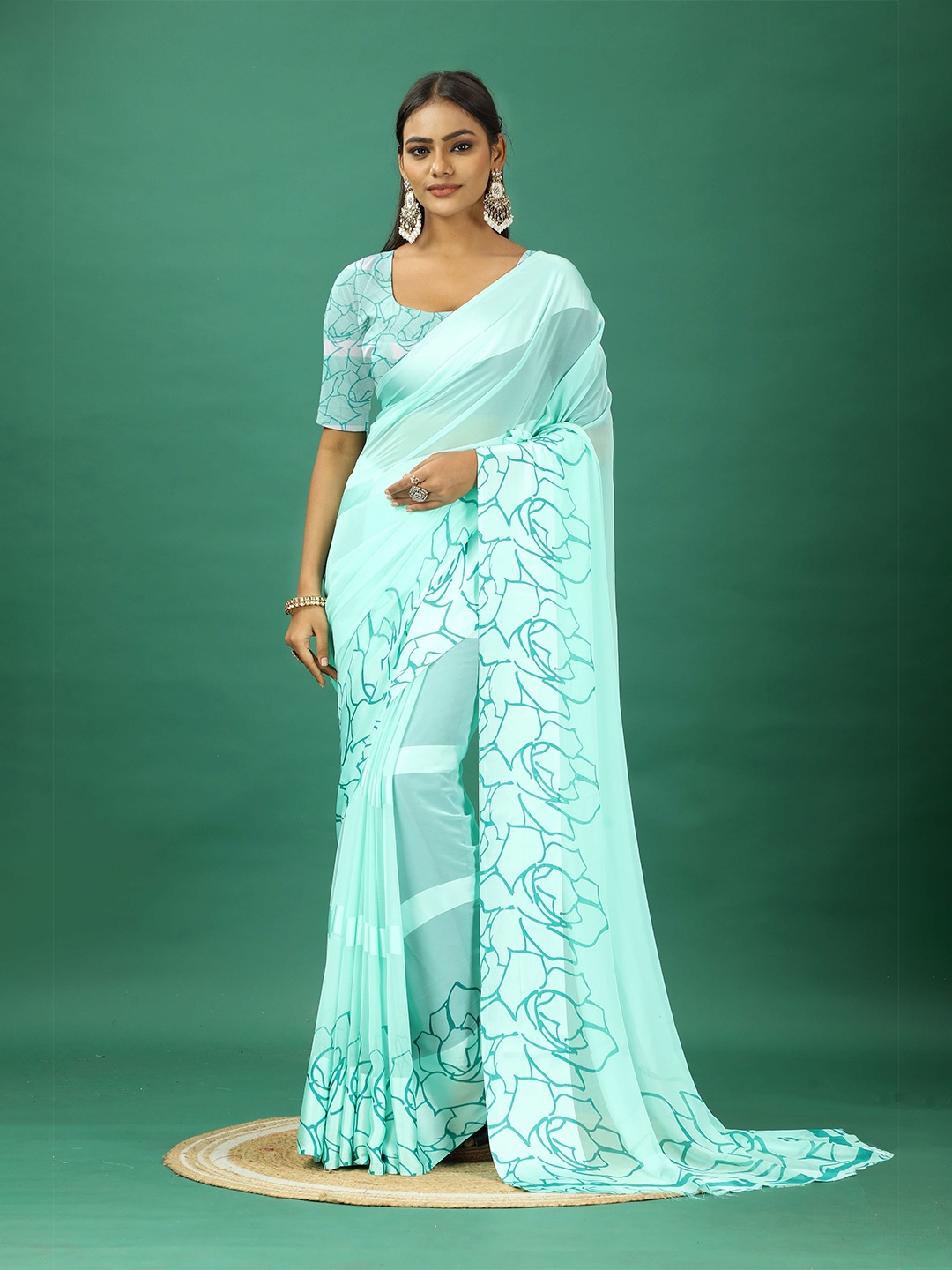

NIRMAL CREATION Floral Printed Satin Saree, Turquoise blue