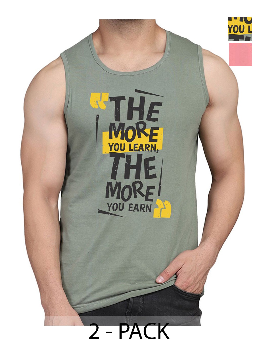 

WOOSTRO Men Pack Of 2 Typography Printed Round Neck Cotton Slim Fit T-shirts, Green