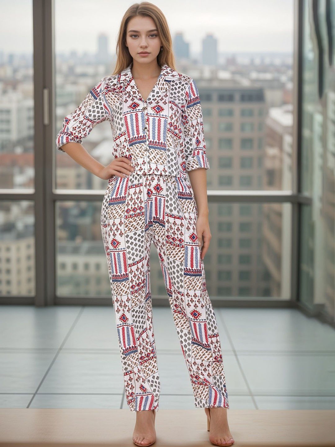 

NEYSA Geometric Printed Lapel Collar Shirt With Trouser, White