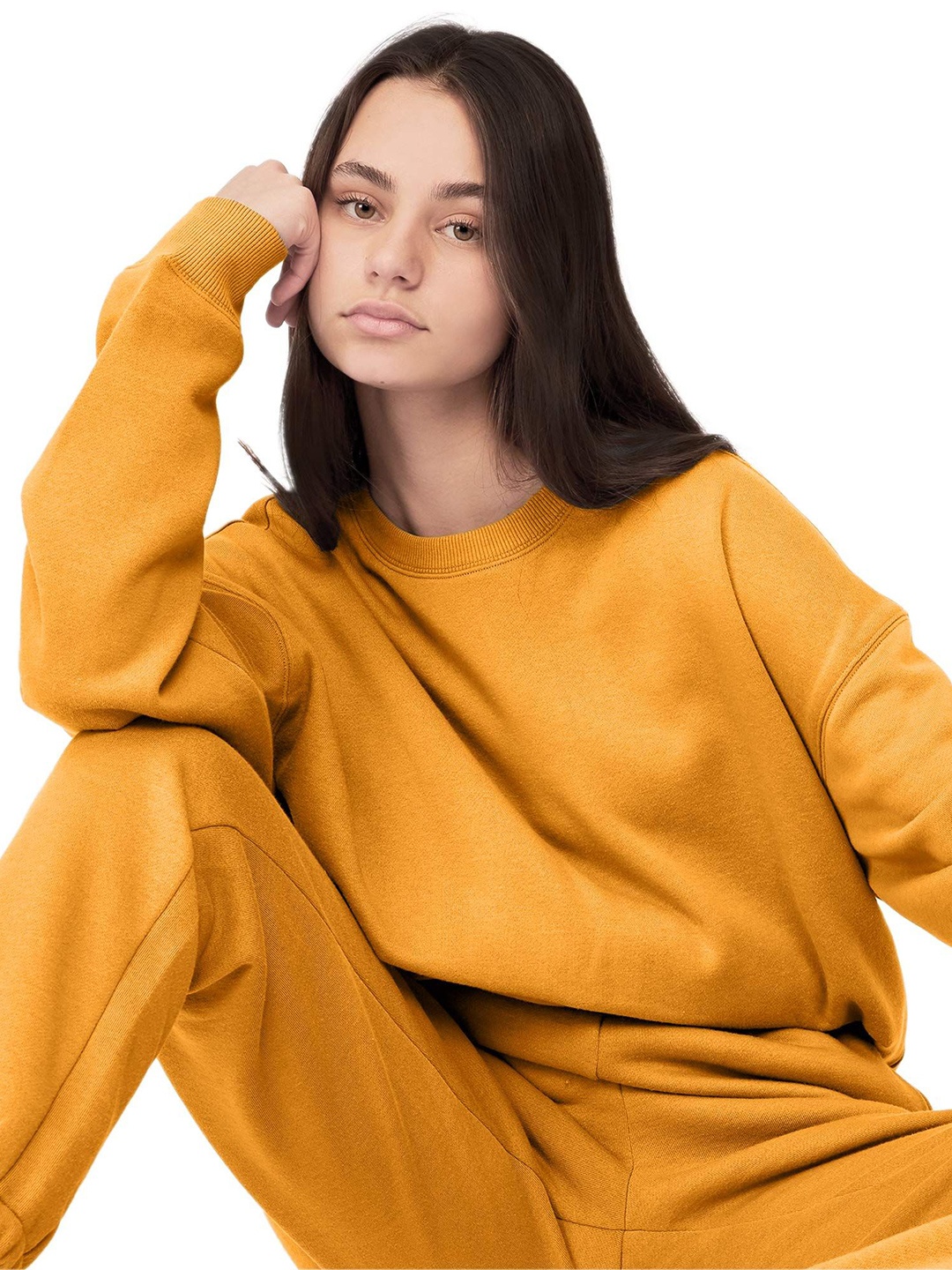 

NOTWILD Women Round Neck Pure Cotton Sweatshirt, Yellow