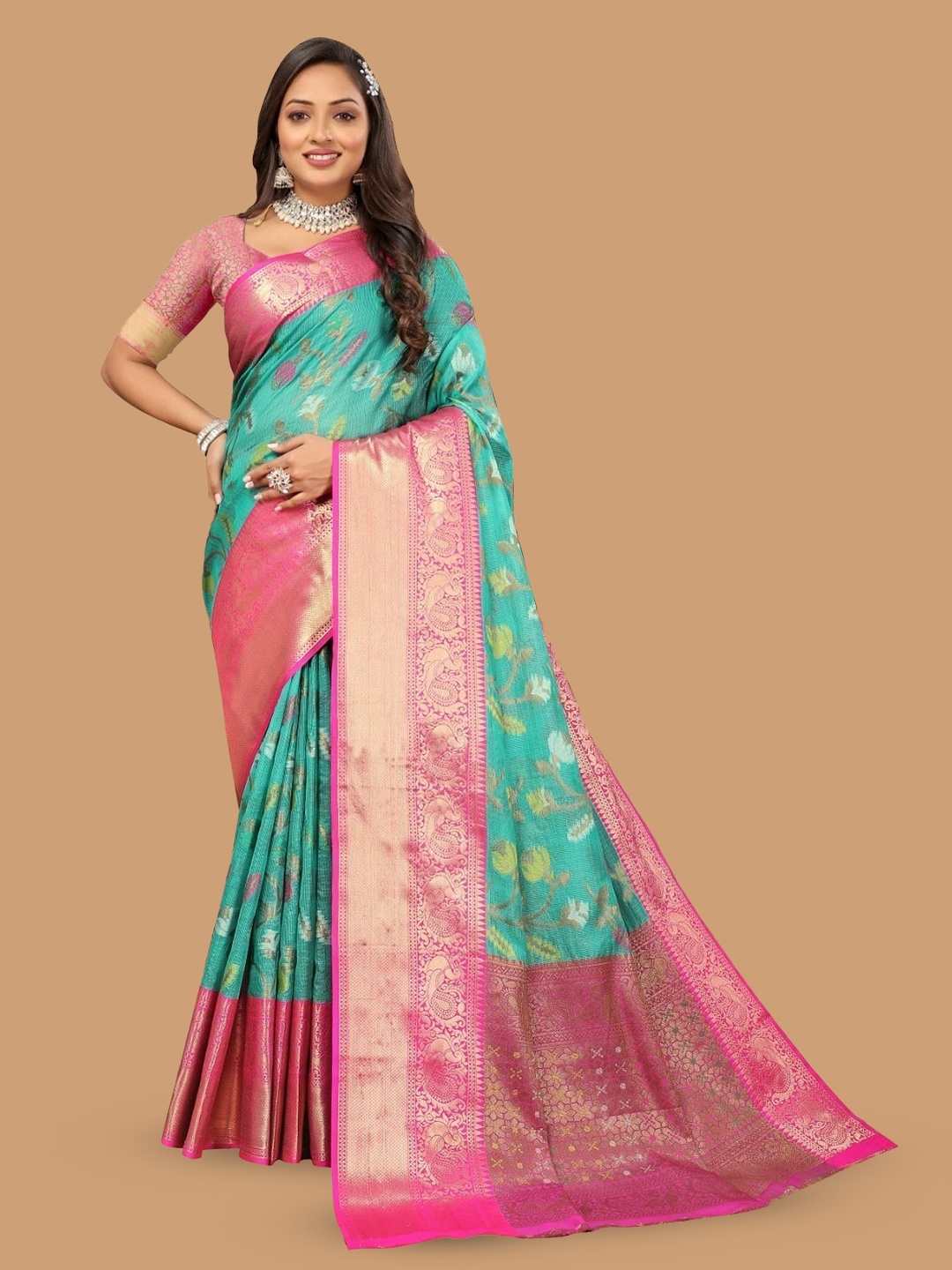 

bansari textiles Woven Design Zari Paithani Saree, Green