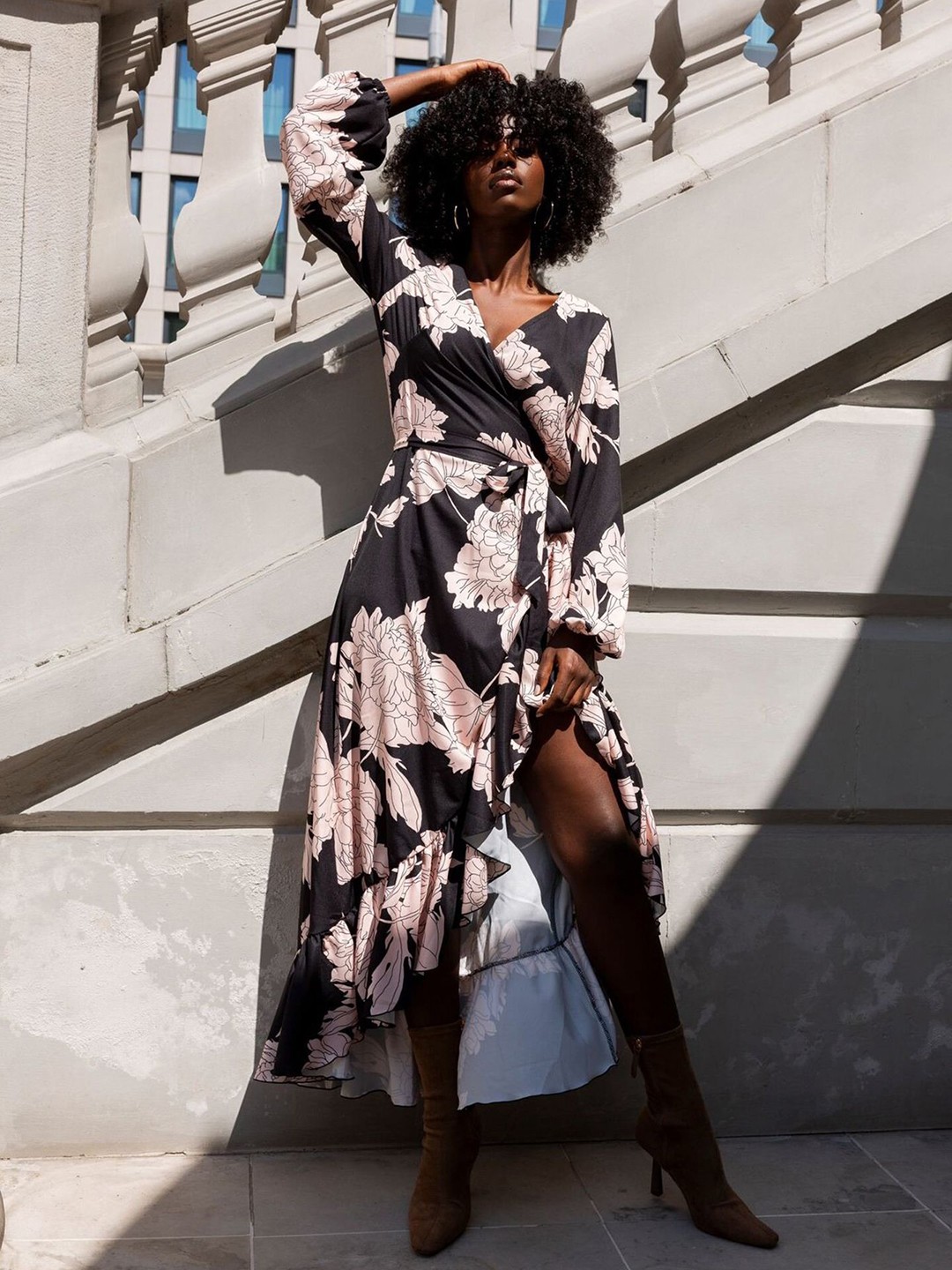

StyleCast x Revolte Women V-Neck Floral Printed Georgette Wrap Midi Dress, Black