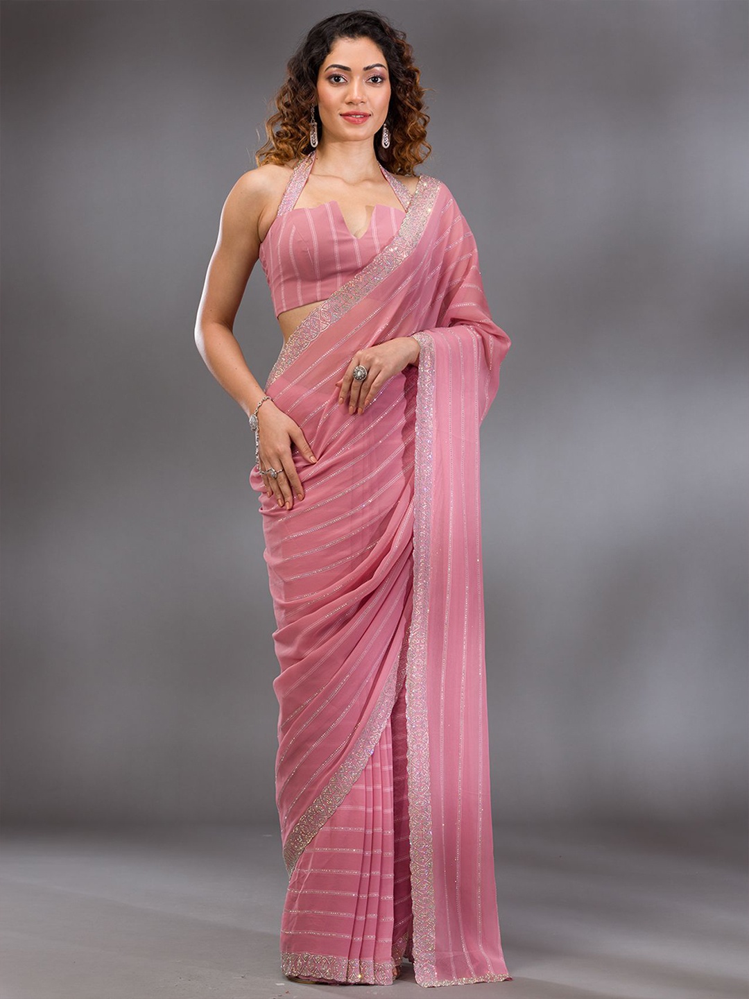 

Koskii Striped Embellished Beads and Stones Saree, Pink