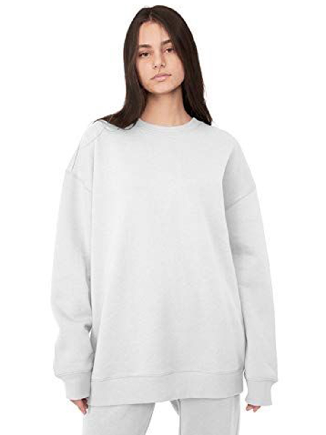 

NOTWILD Women Round Neck Pullover Longline Sweatshirt, White