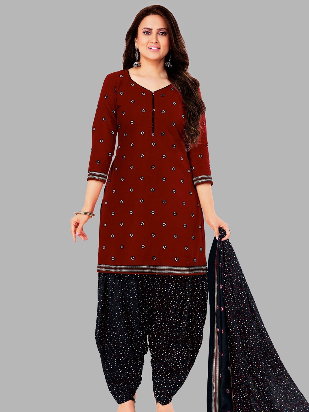 

Simmu Geometric Printed Pure Cotton Unstitched Dress Material, Maroon