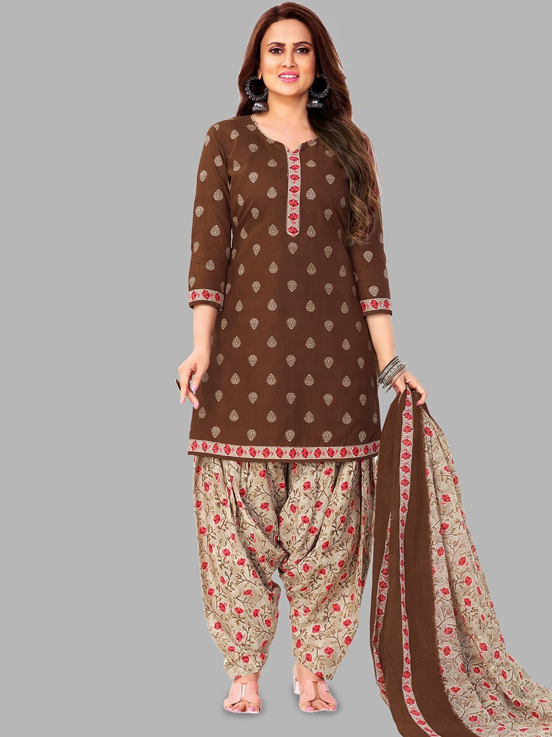 

Simmu Floral Printed Pure Cotton Unstitched Dress Material, Coffee brown