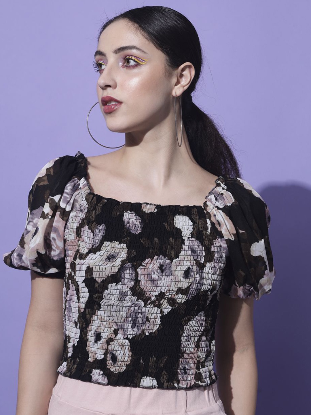 

Moda Rapido Women Floral Printed Puff Sleeve Crop Fitted Top, Black