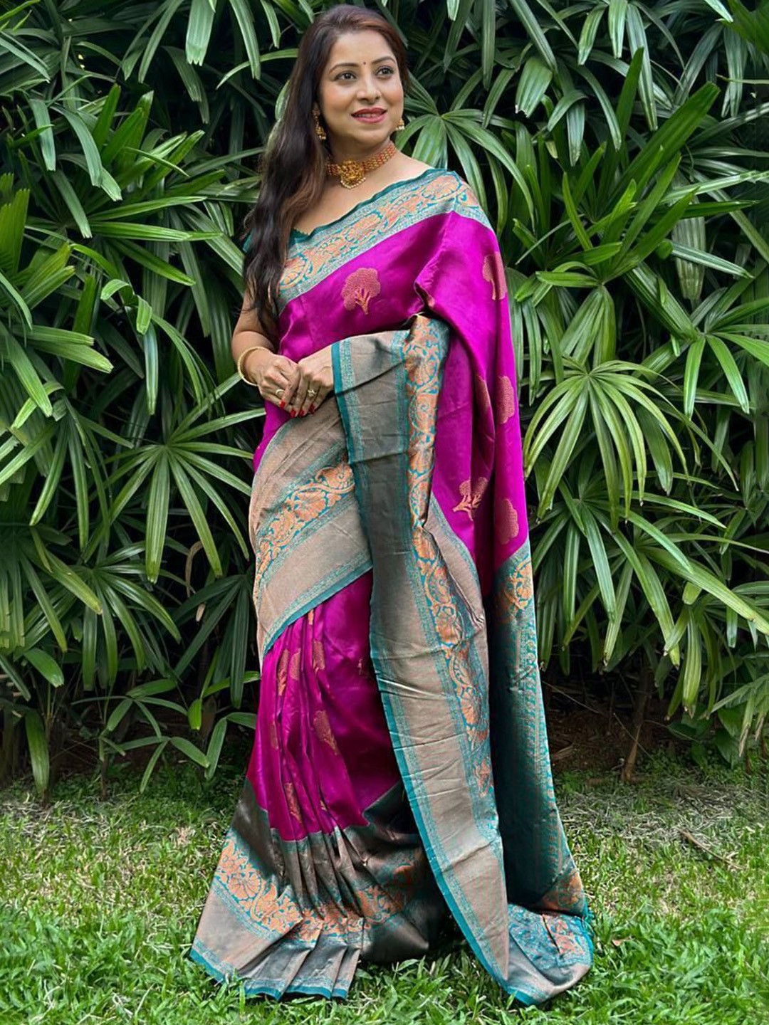 

bansari textiles Woven Design Zari Pure Cotton Kanjeevaram Saree, Magenta