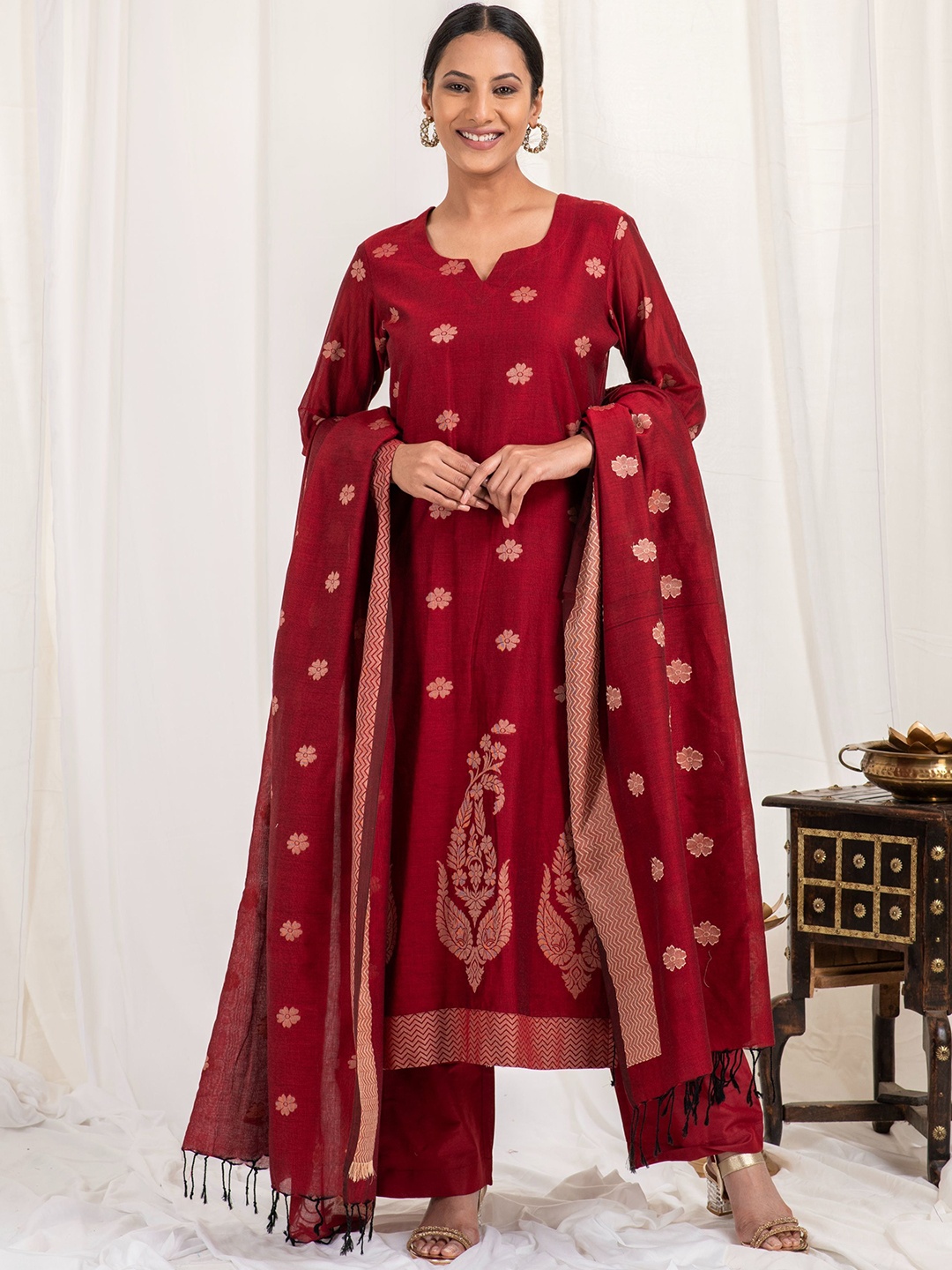 

Kasturi Creations Woven Design Notch Neck Pure Cotton Kurta With Trousers And Dupatta, Maroon