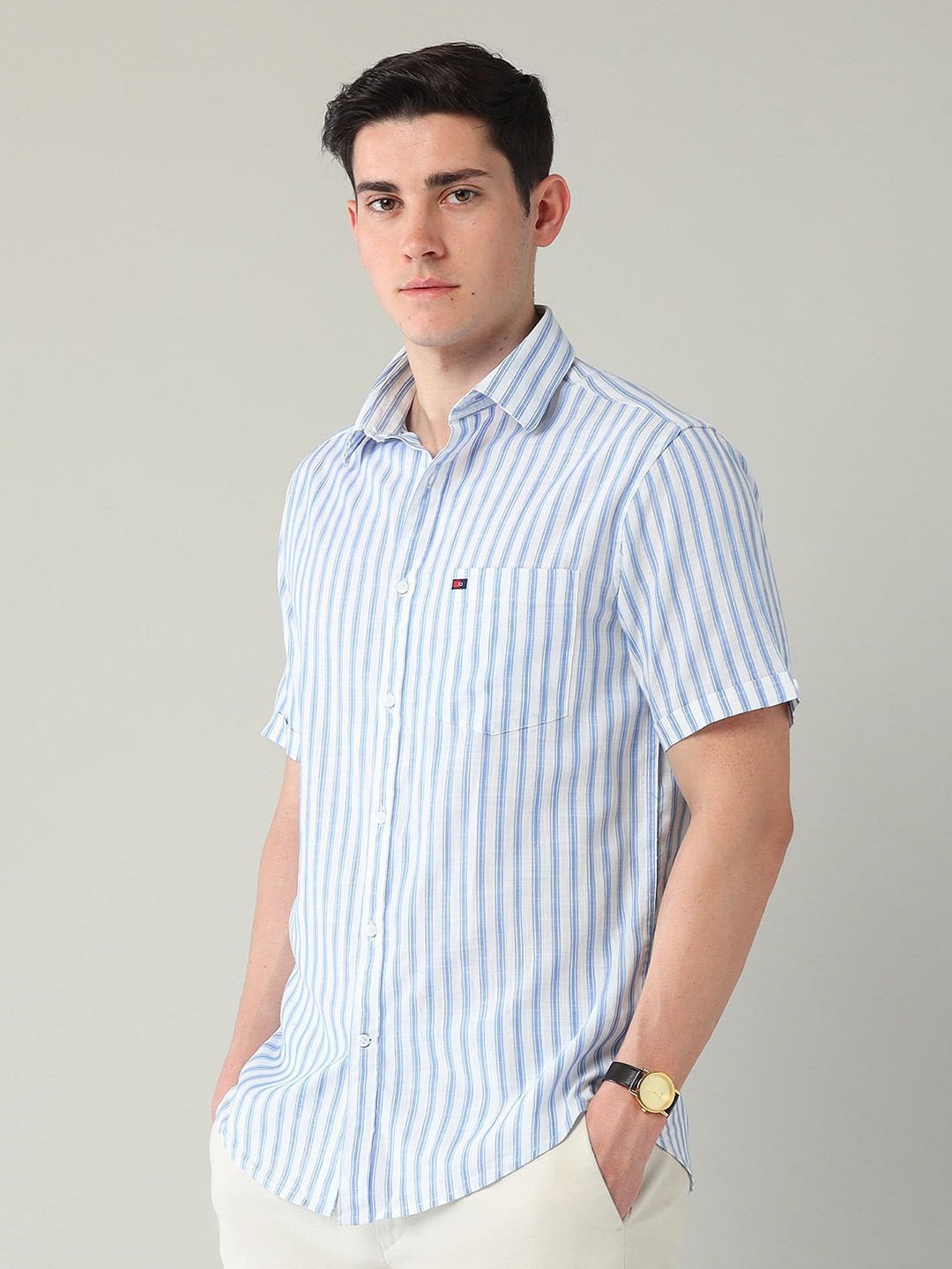 

AD By Arvind Men Slim Fit Spread Collar Vertical Striped Cotton Casual Shirt, Blue