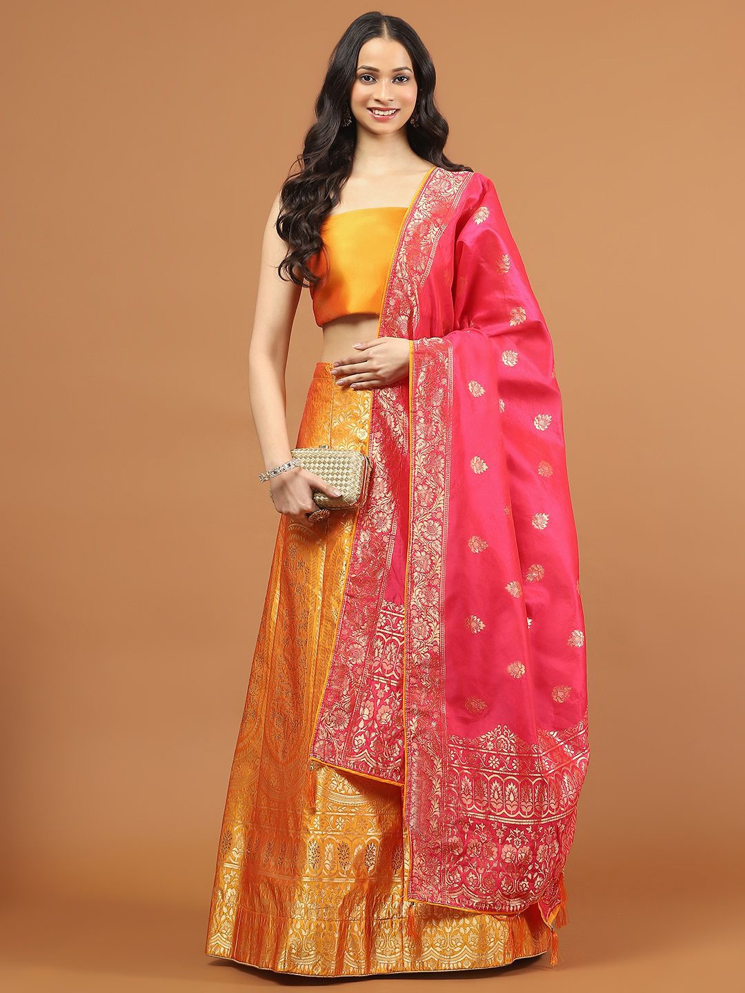 

Meena Bazaar Floral Woven Design Semi-Stitched Lehenga & Unstitched Blouse With Dupatta, Orange