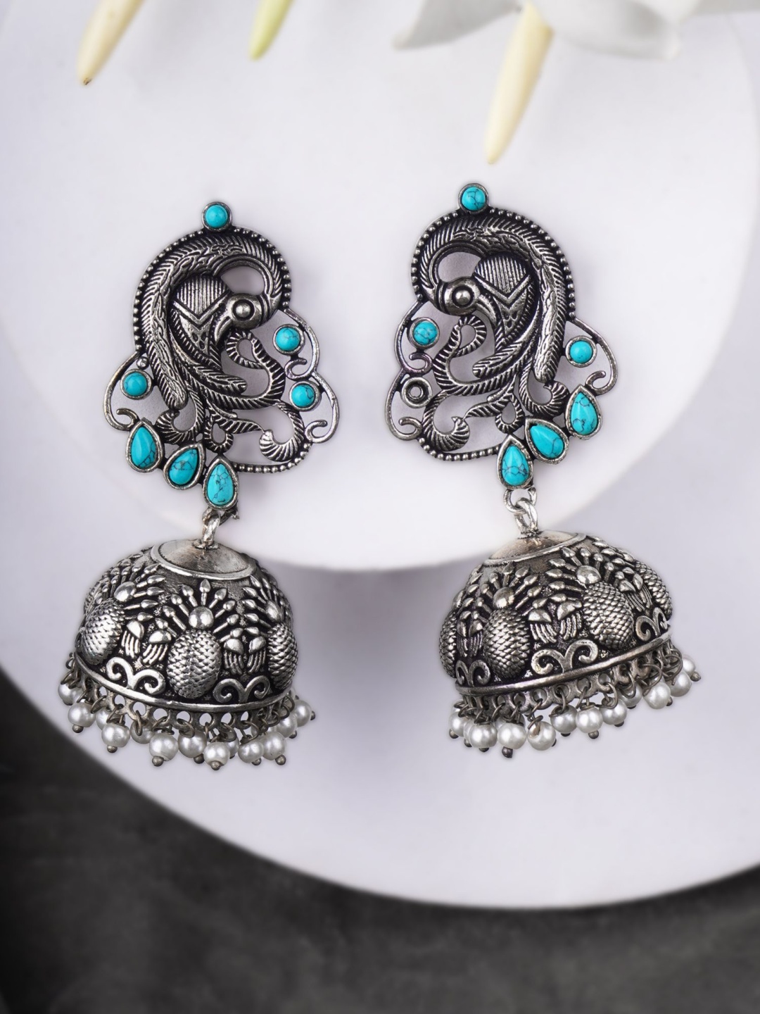 

Sangria Blue Silver-Plated Turquoise Stones Studded & Pearls Beaded Oxidised Jhumkas