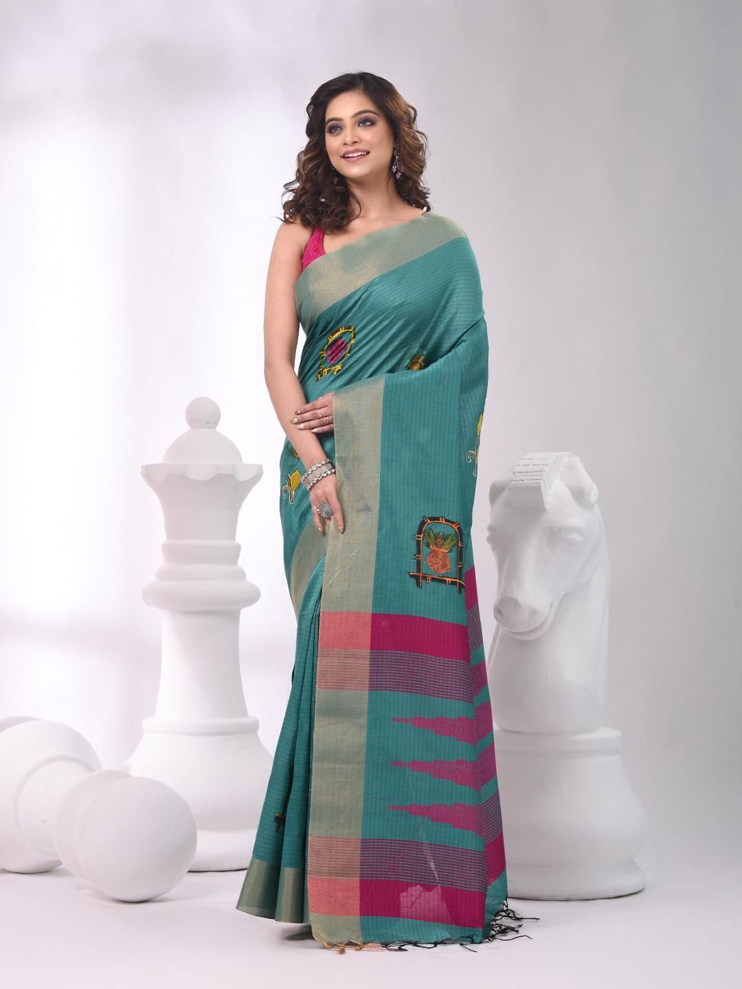 

VIBHAVARI Ethnic Motifs Patchwork Saree, Green