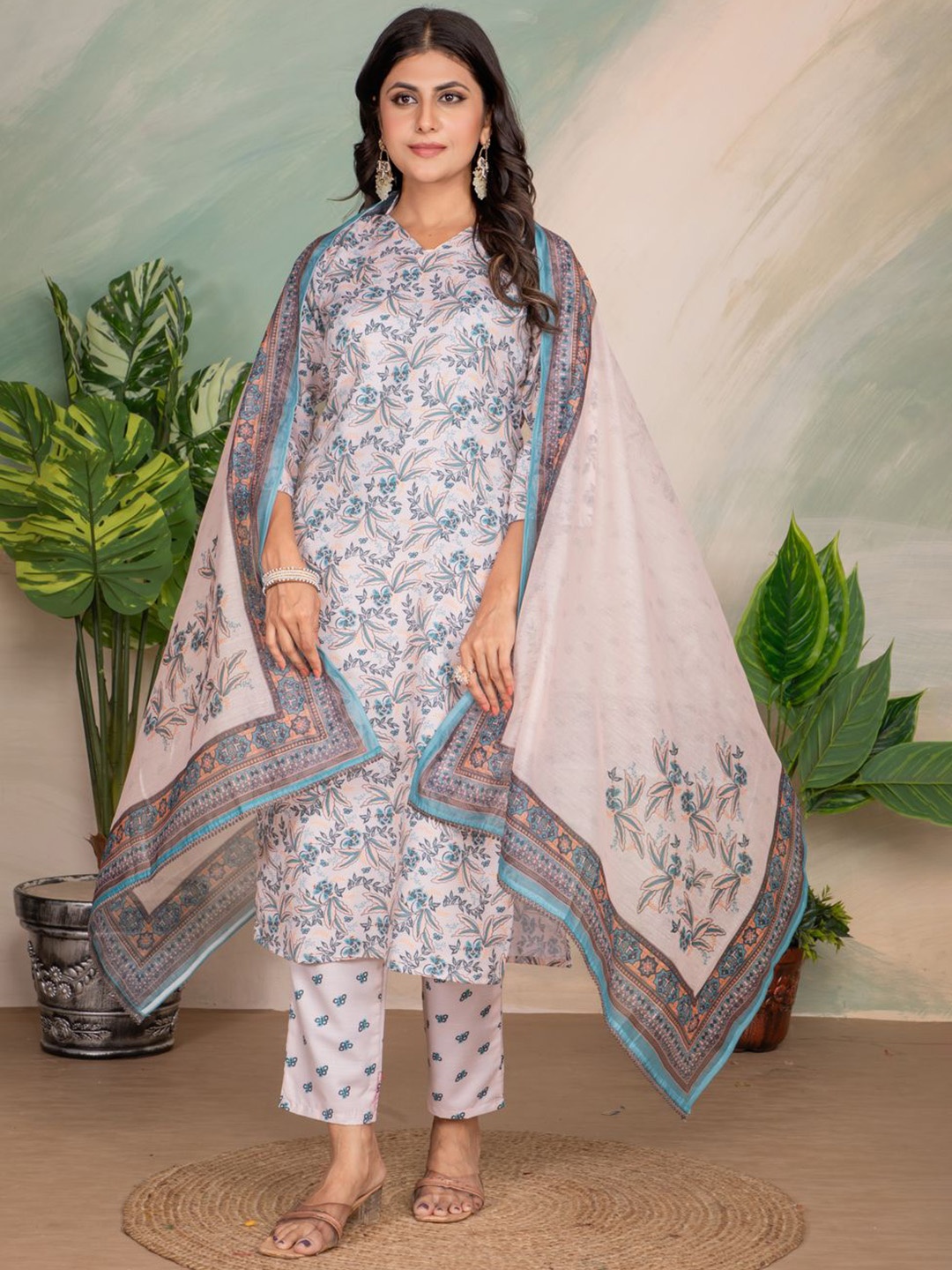 

KALINI Floral Printed V-Neck Straight Kurta With Trouser And Dupatta, White