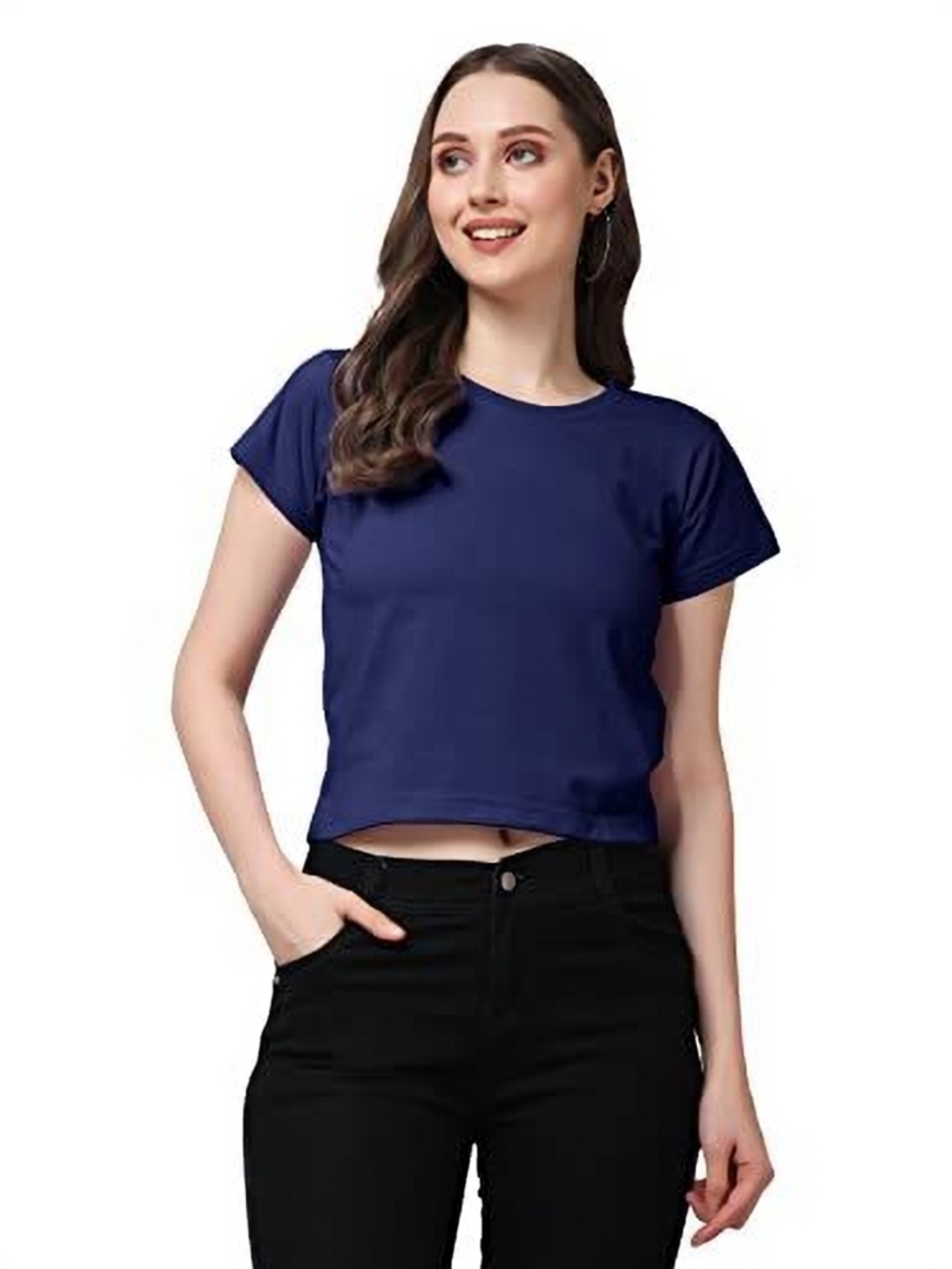 

NOTWILD Women Solid Boat Neck Cotton T-shirt, Navy blue