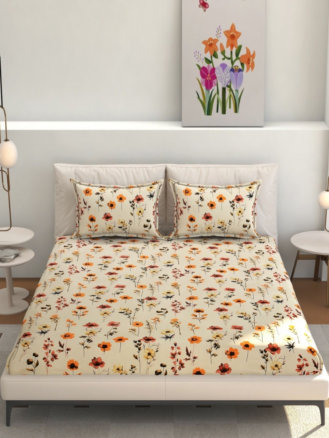 

Jizzby Off White & Orange Floral Printed 240 TC Cotton Queen Bedsheet Set 2.28 m x 2.54 m