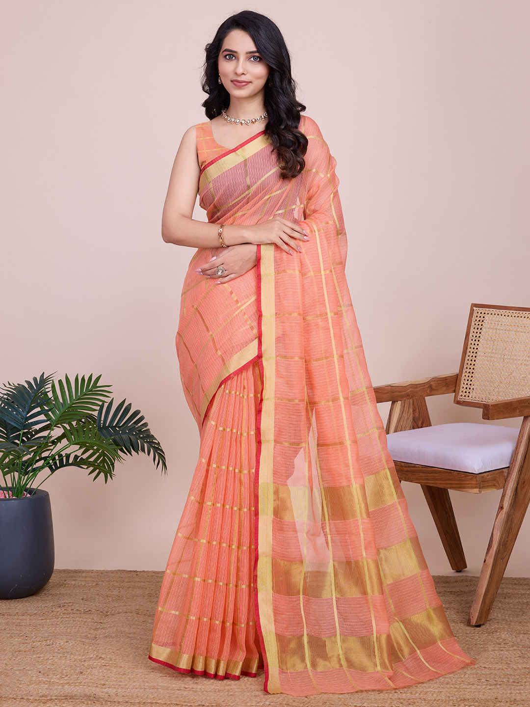 

bansari textiles Woven Design Zari Banarasi Saree, Peach