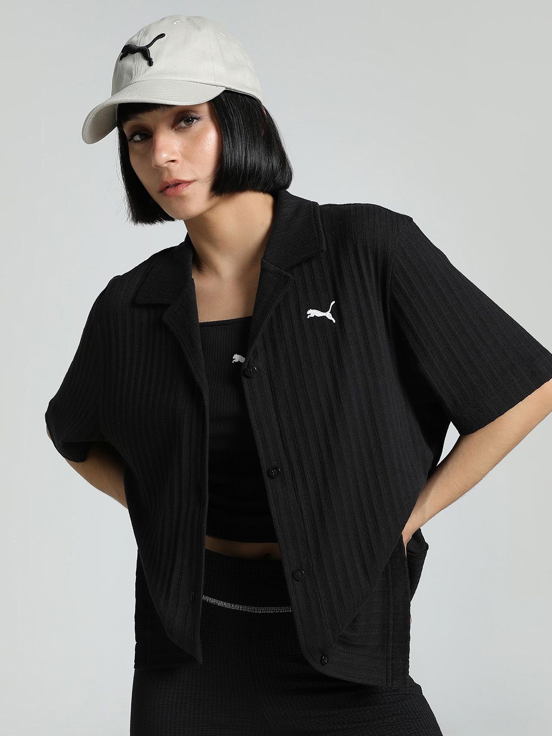 

Puma Wardrobe Women Essentials Relaxed Fit Cotton Pointelle Shirt, Black