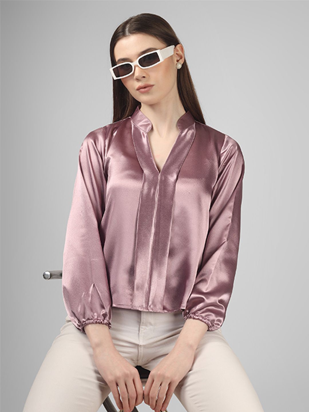 

UNLOKALE Mandarin Collar Puff Sleeve Top, Pink
