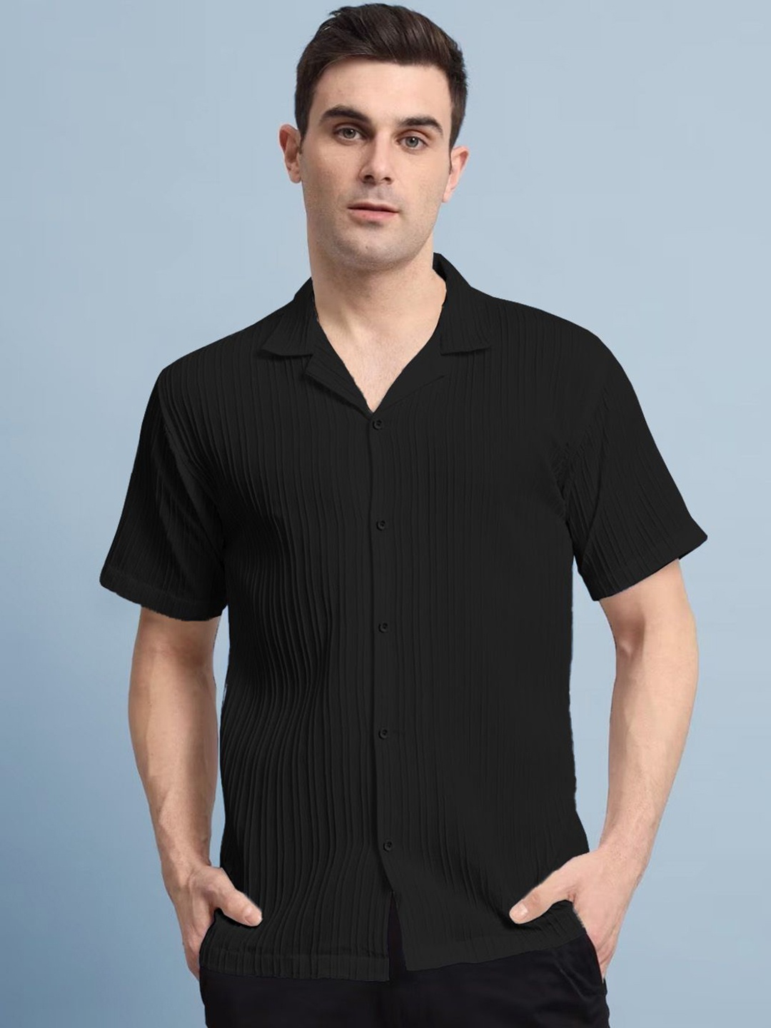 

Eyebogler Men Relaxed Fit Cuban Collar Textured Casual Shirt, Black