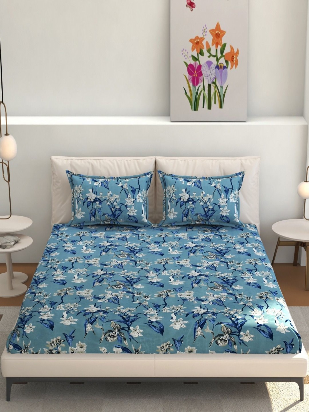 

Jizzby Blue & Grey Floral Printed 240 TC Cotton Queen Bedsheet Set 2.28 m x 2.54 m
