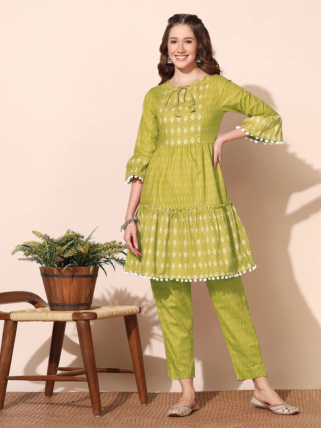 

Moda Rapido Printed Regular Pure Cotton Kurti With Trousers, Olive