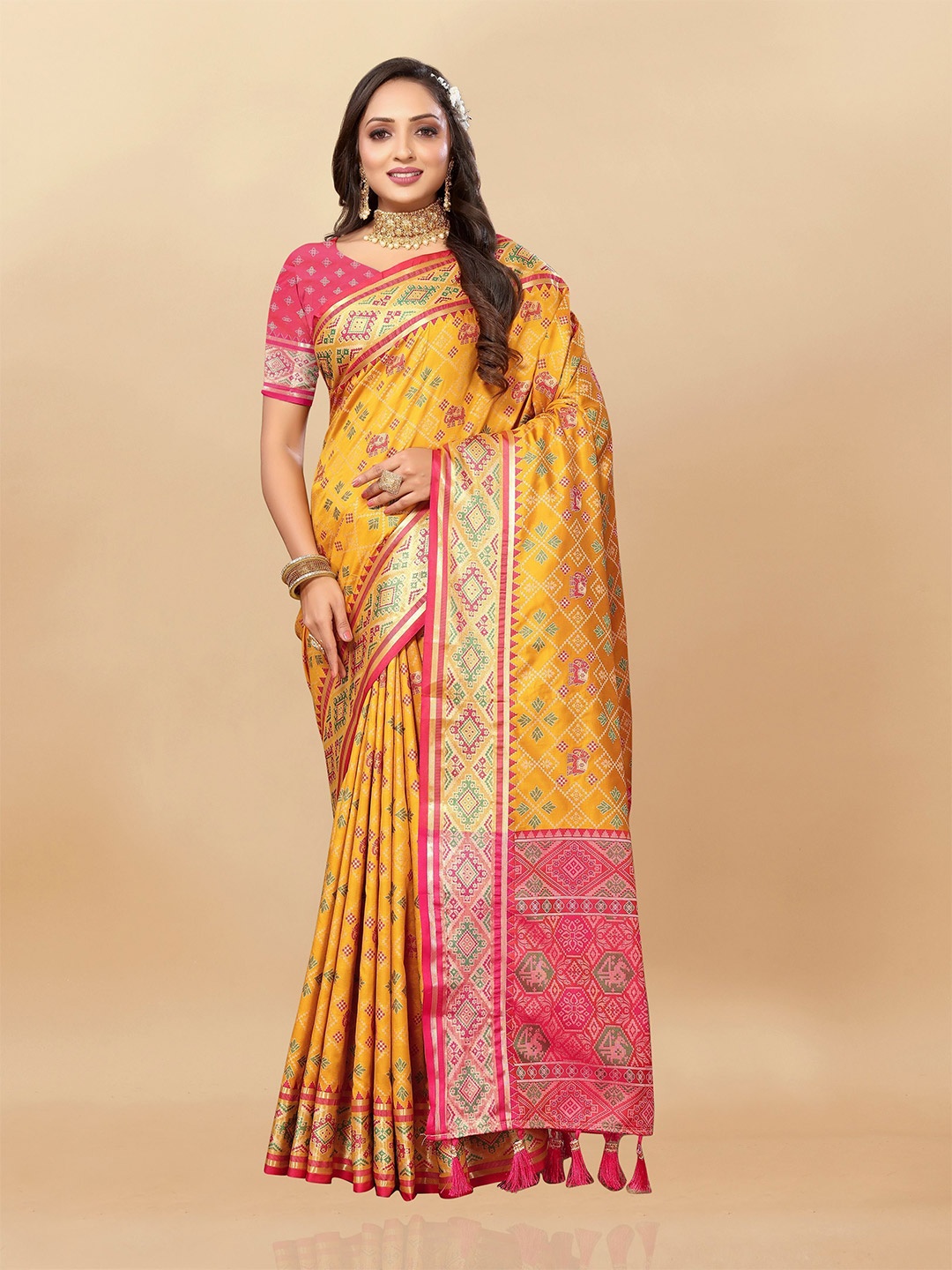 

bansari textiles Woven Design Zari Patola Saree, Yellow