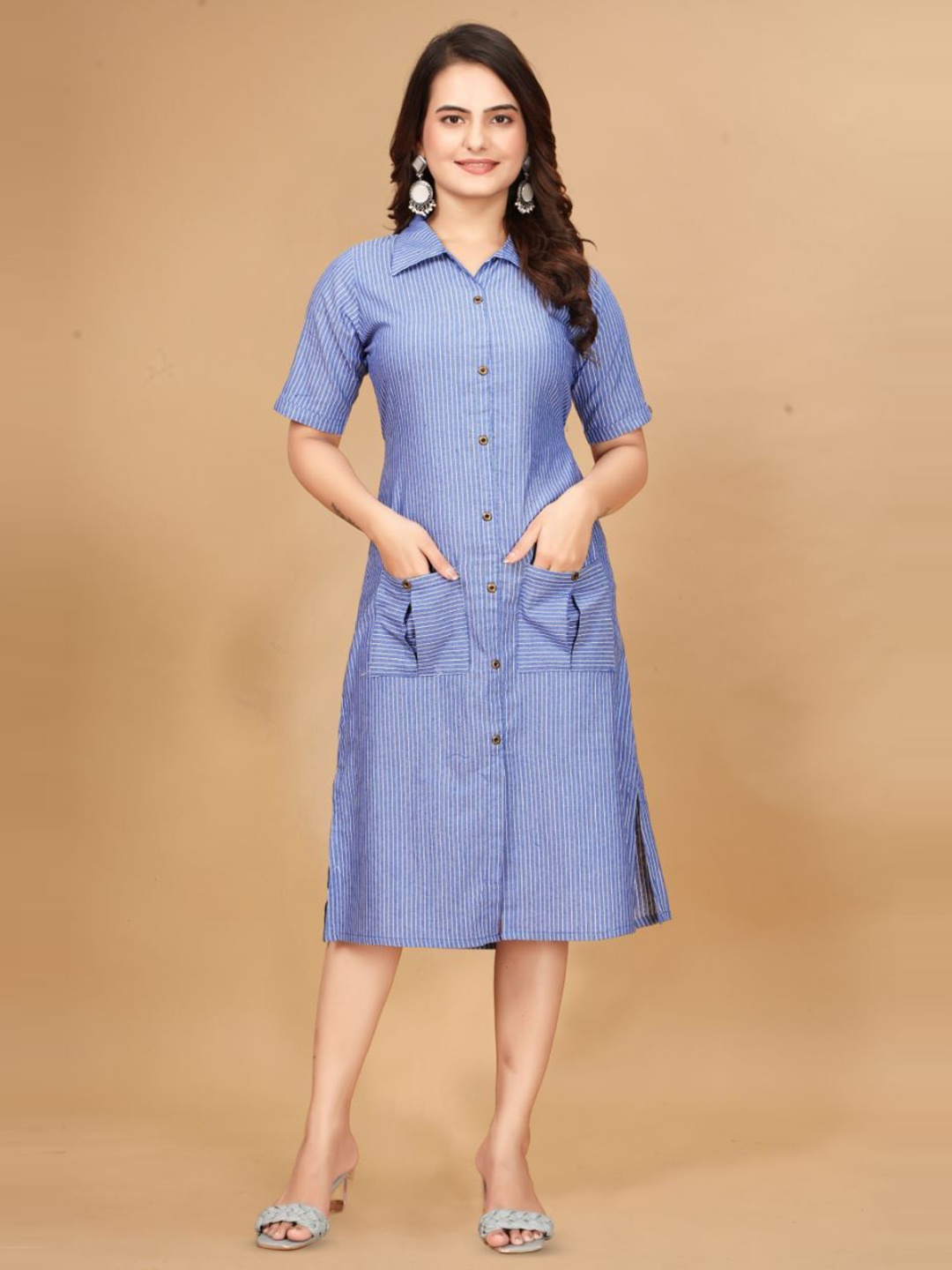 

DressBerry Women Striped Cotton A-Line Dress, Blue