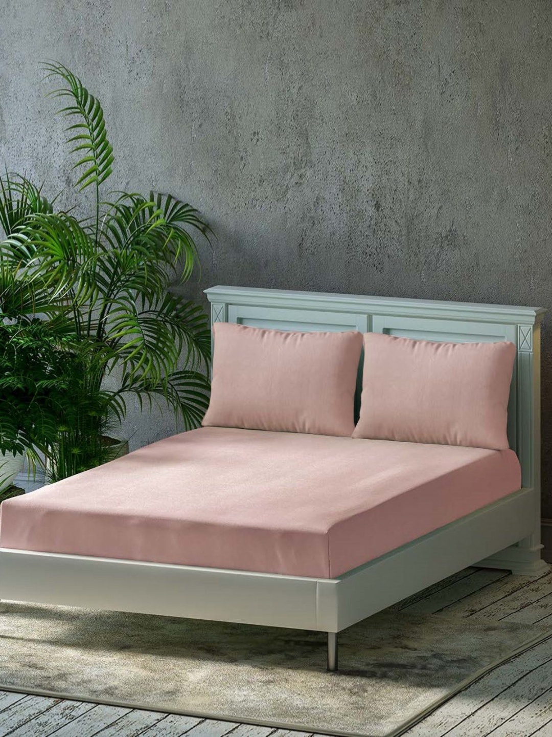 

Trance Home Linen Peach Cotton 300 TC Cotton Fitted King Bedsheet Set- 1.98 m x 1.82 m